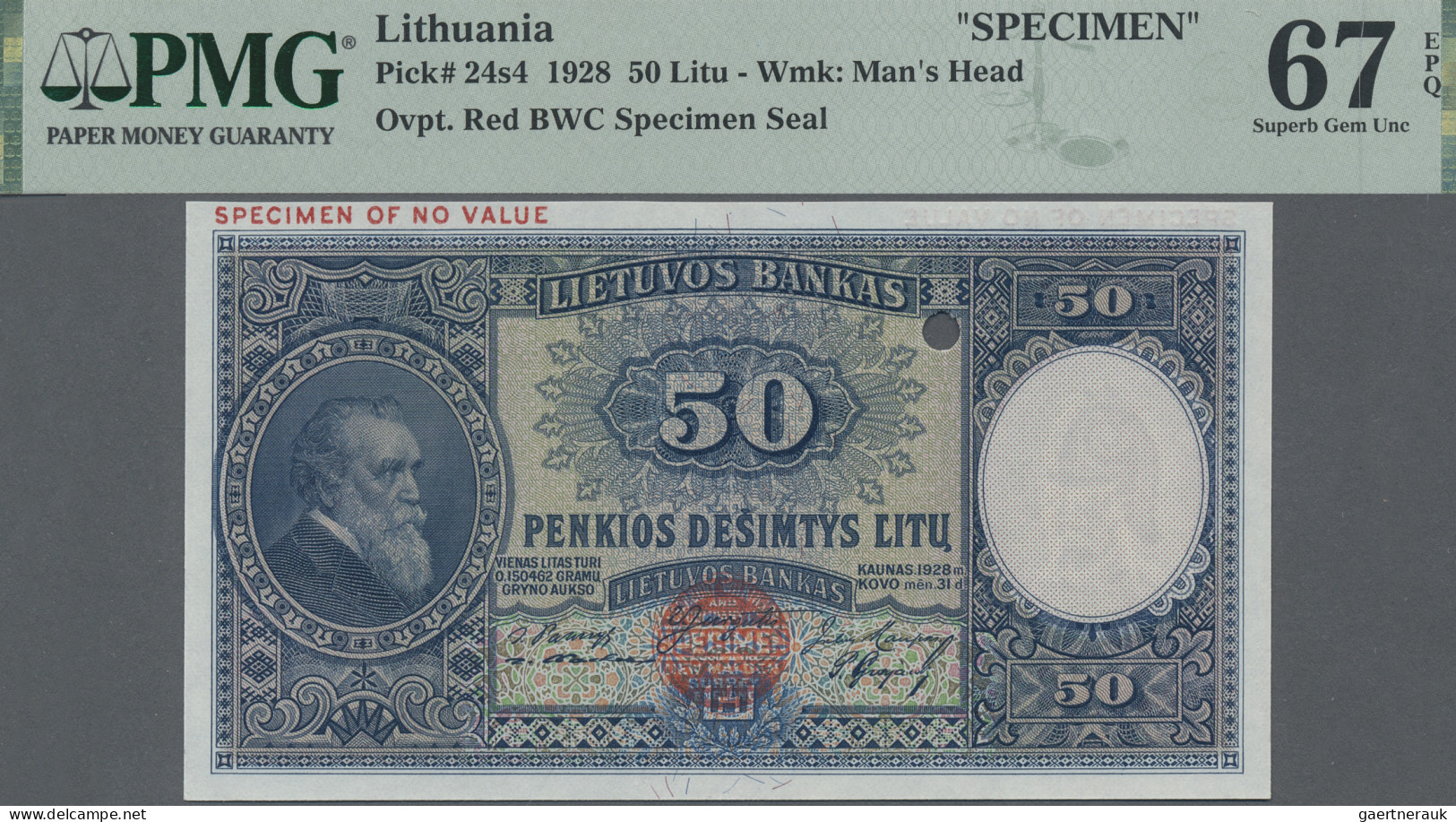 Lithuania: Lietuvos Bankas, 50 Litu 1928 SPECIMEN, P.24s4, Punch Hole Cancellati - Litauen