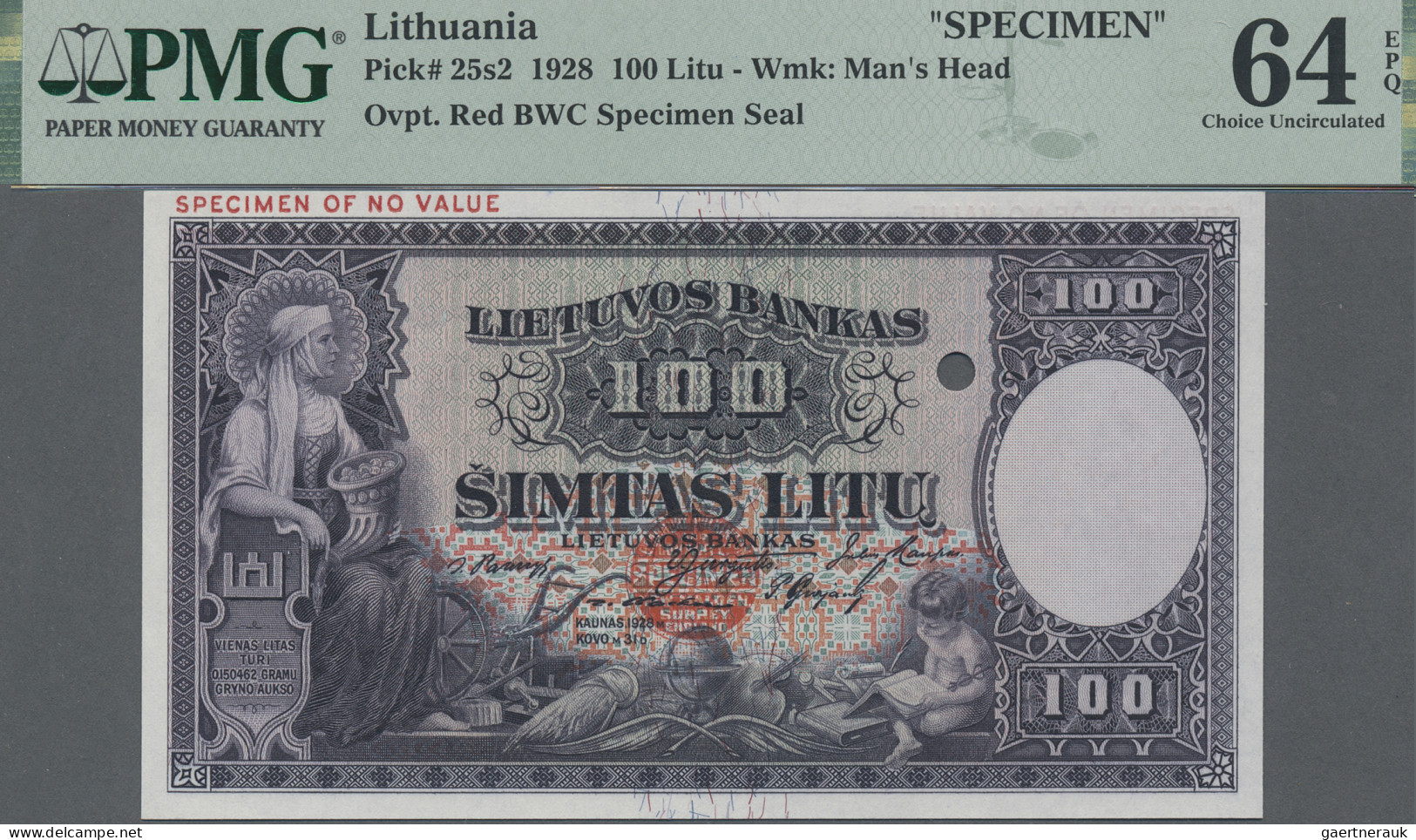 Lithuania: Lietuvos Bankas, 100 Litu 1928 SPECIMEN, P.25s2, Punch Hole Cancellat - Lithuania