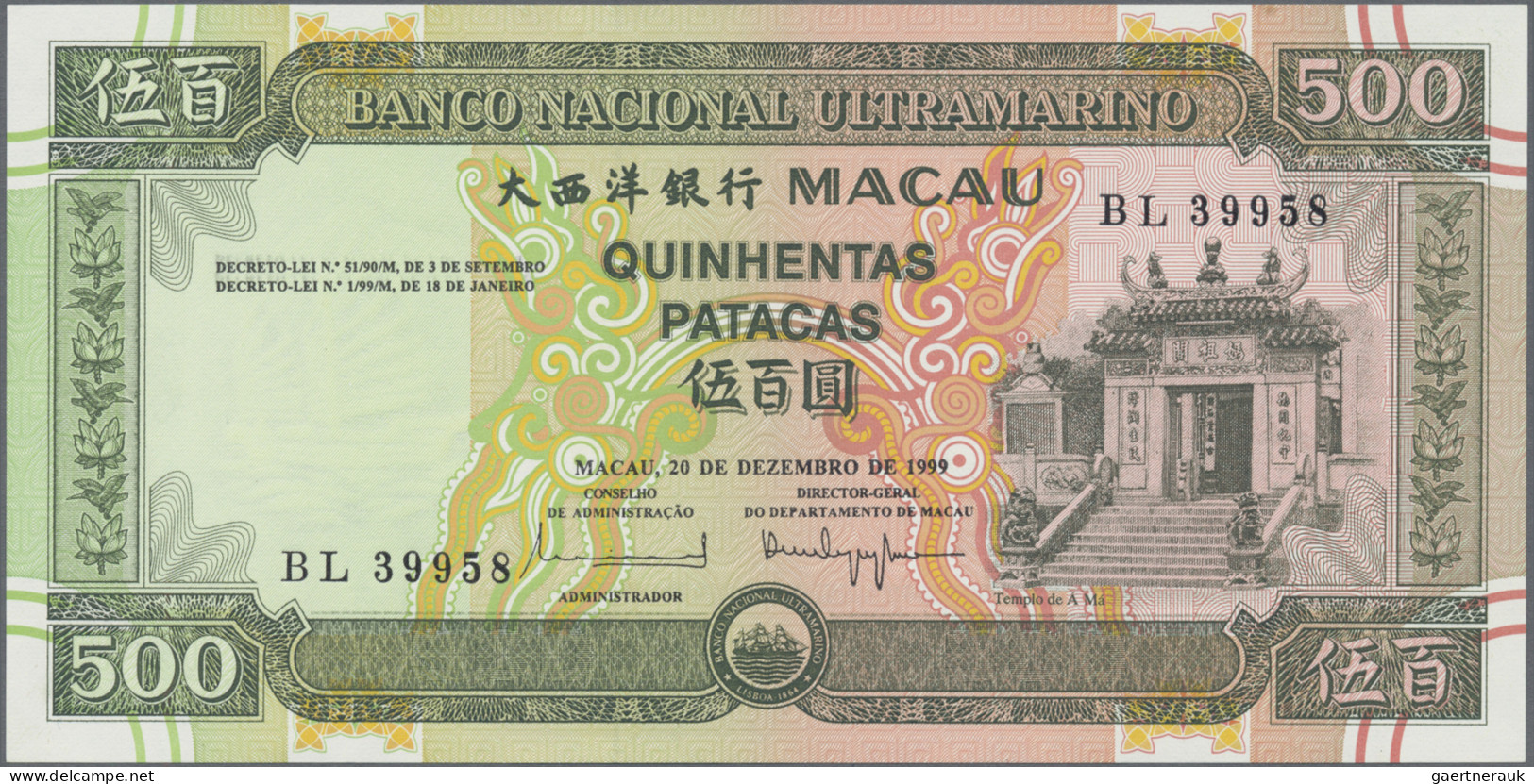 Macao: Banco Nacional Ultramarino, lot with 20, 50, 100 and 500 Patacas 1992/99,
