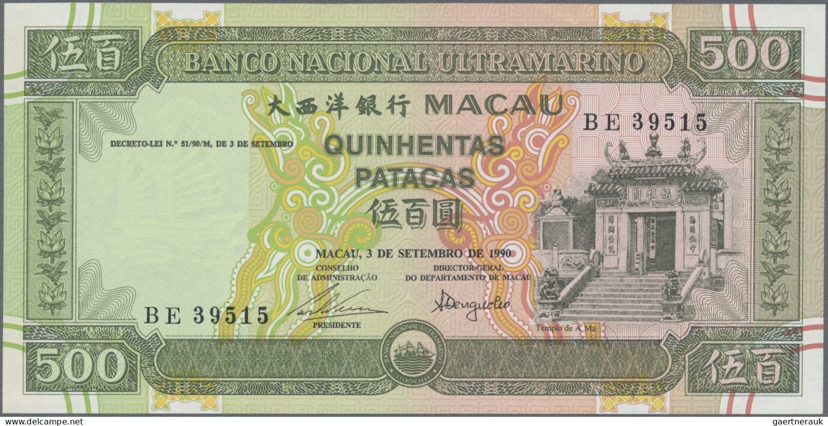 Macao: Banco Nacional Ultramarino, Lot With 50, 100 And 500 Patacas 1990-1992, P - Macau