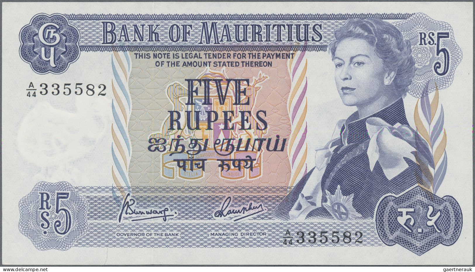 Mauritius: Bank Of Mauritius, Lot With 4 Banknotes, 1967-1981 Series, With 5 Rup - Maurice