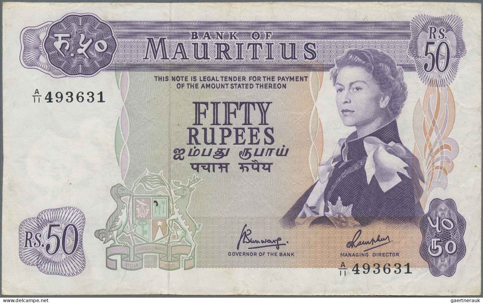 Mauritius: Bank of Mauritius, lot with 4 banknotes, 1967-1981 series, with 5 Rup