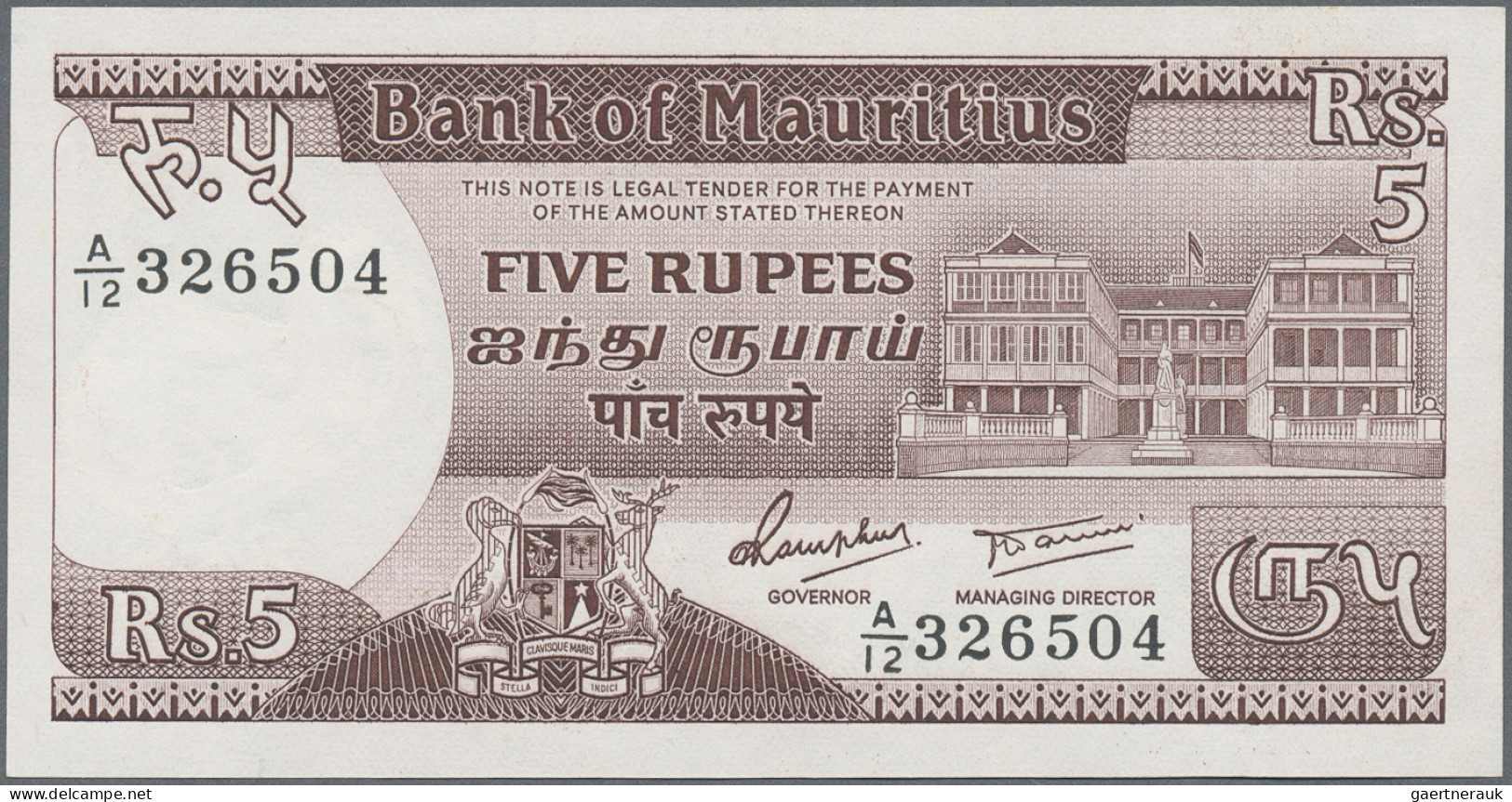 Mauritius: Bank Of Mauritius, Lot With 5 Banknotes, Series 1985/86, With 5 Rupee - Mauritius