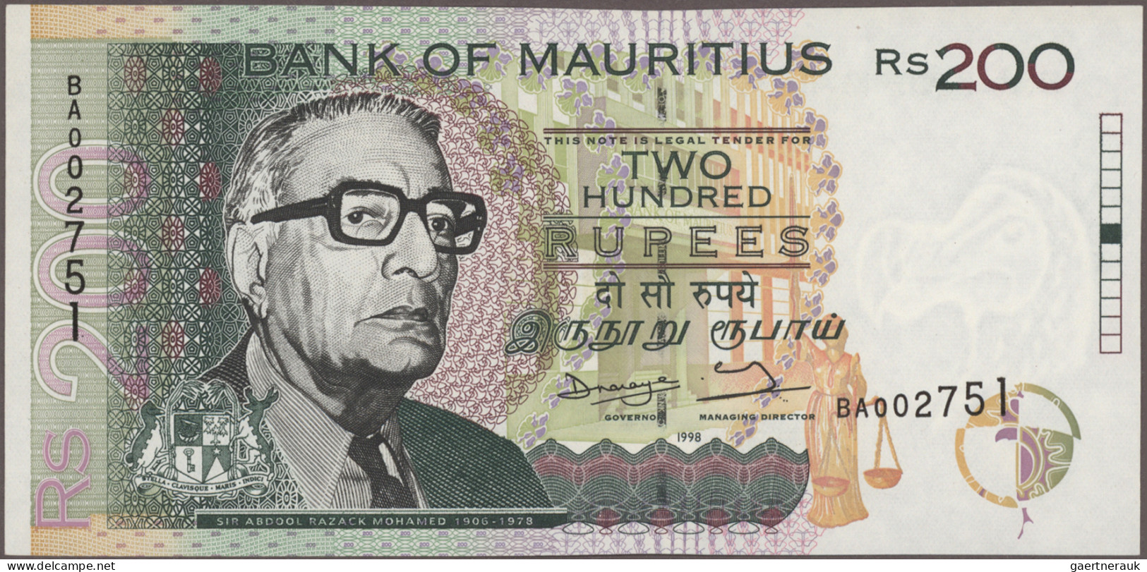 Mauritius: Bank Of Mauritius, Huge Lot With 11 Banknotes, Series 1998-2006, With - Mauricio