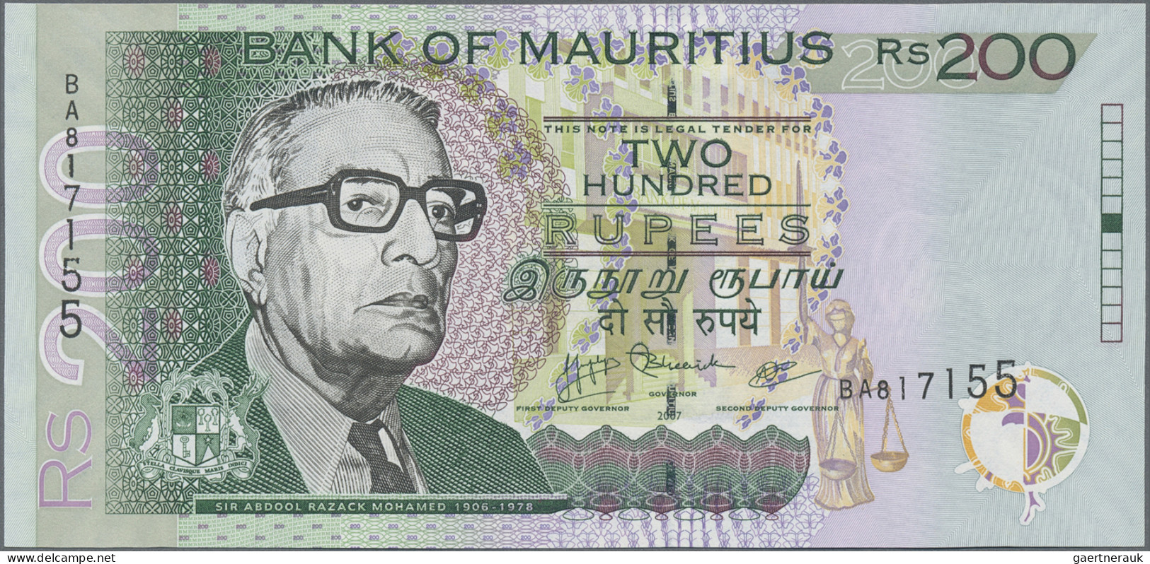 Mauritius: Bank Of Mauritius, Lot With 5 Banknotes, 2001 And 2007 Series, With 1 - Mauritius