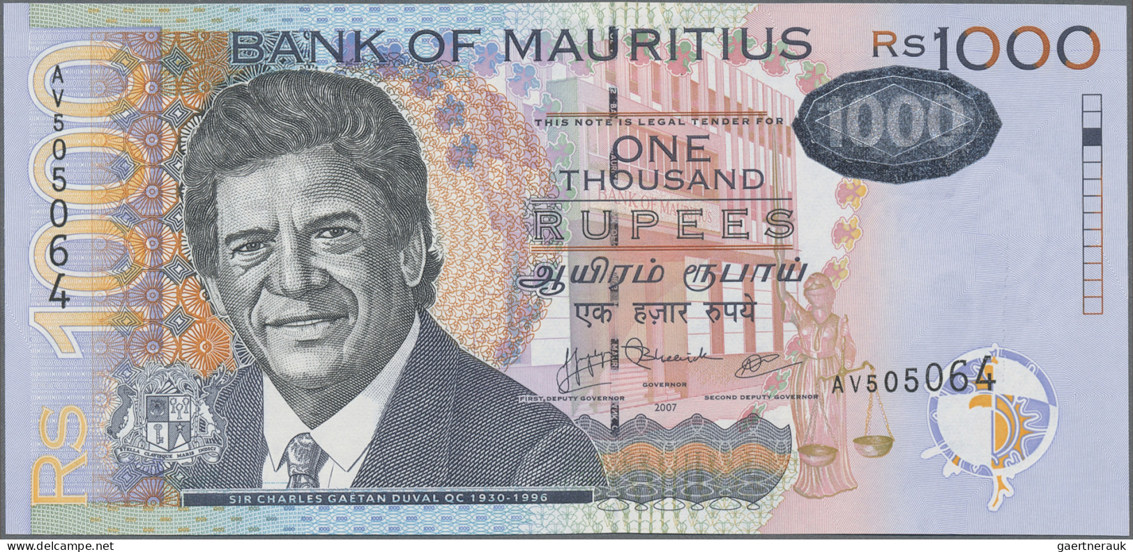 Mauritius: Bank of Mauritius, lot with 5 banknotes, 2001 and 2007 series, with 1