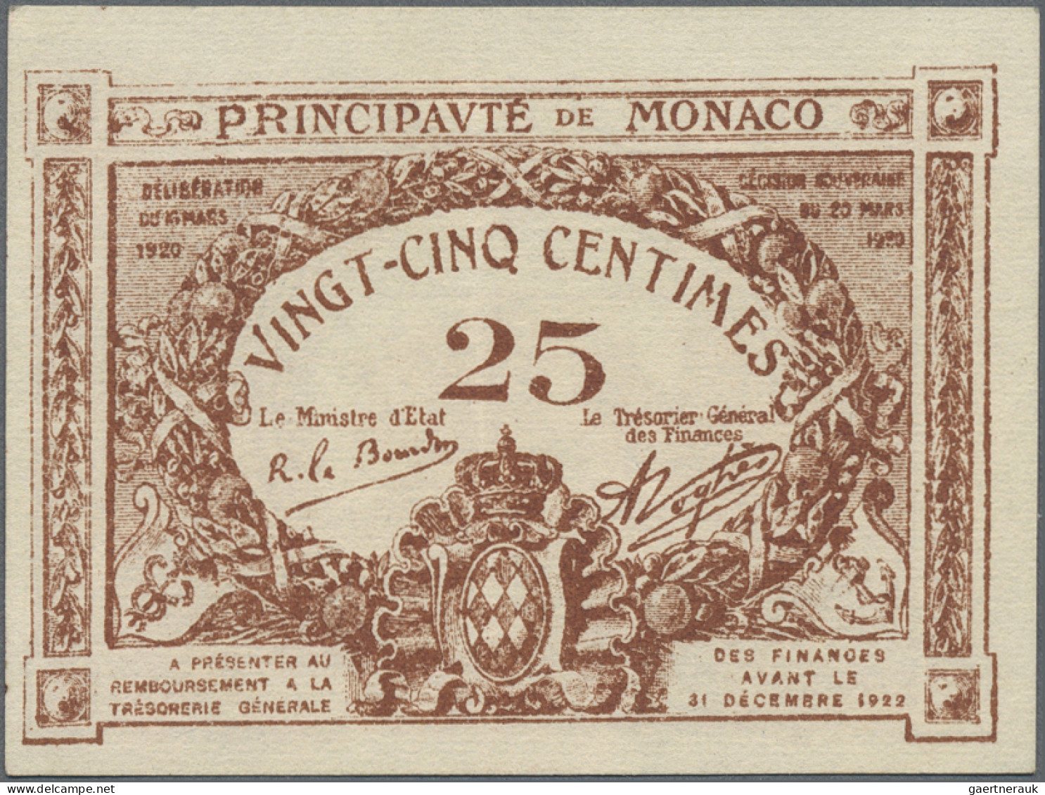 Monaco: Principauté De Monaco, 25 Centimes 16.03./20.03.1920, Without Embossed A - Monaco