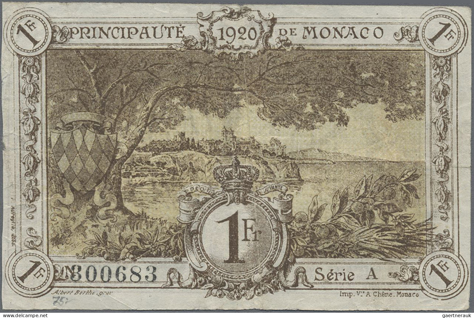 Monaco: Principauté De Monaco, 1 Franc 1920, Series A, P.4a, Minor Margin Split, - Monaco