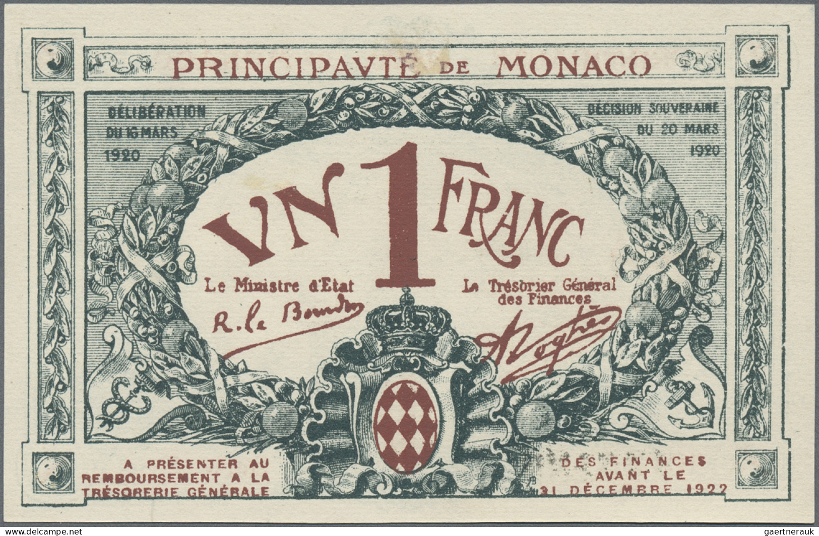 Monaco: Principauté De Monaco, 1 Franc 16.03./20.03.1920, Issued Note Withserial - Monaco