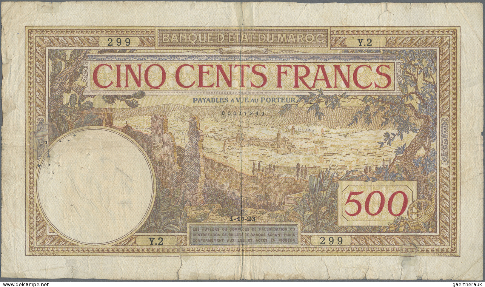 Morocco: Banque D'État Du Maroc, 500 Francs 1923, P.15, Several Pinholes, Small - Marokko