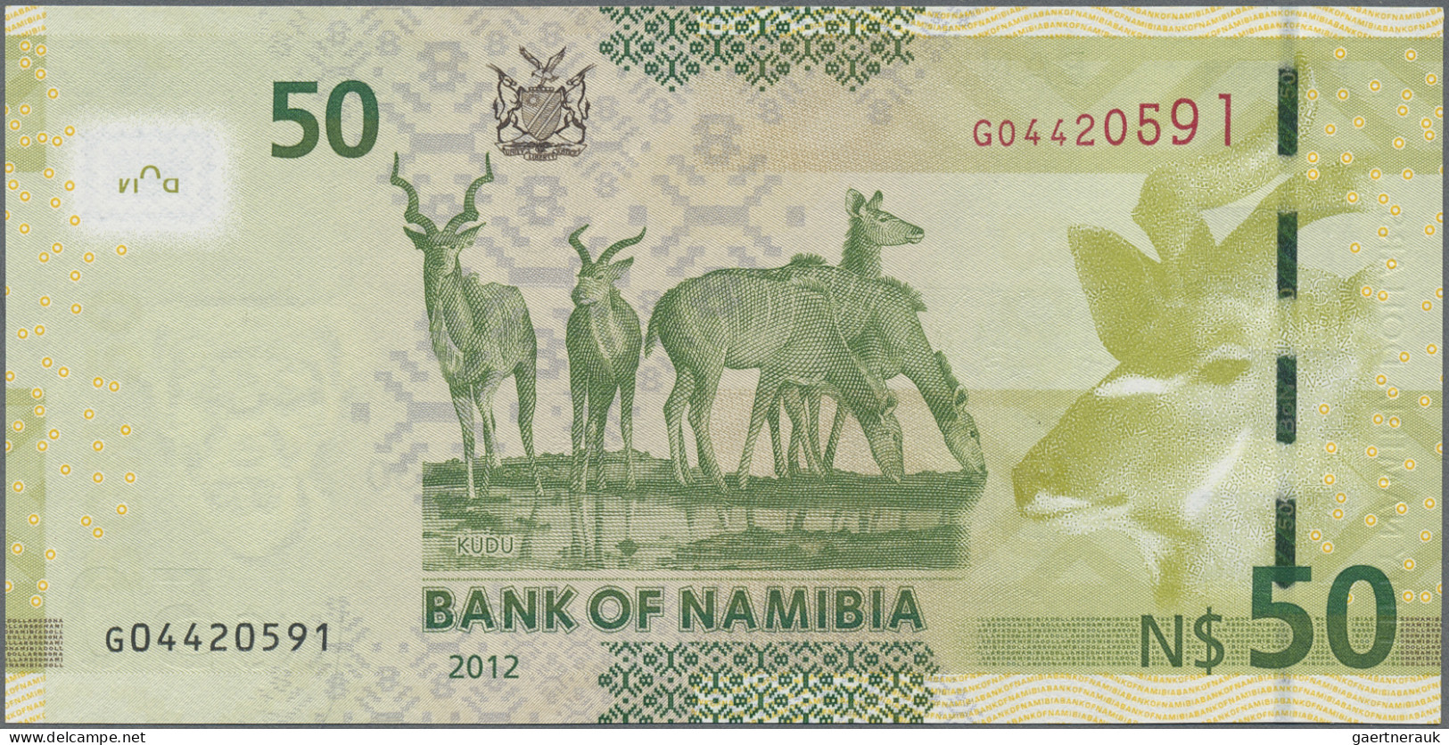 Namibia: Bank of Namibia, lot with 5 banknotes, 2012 series, with 10, 20, 50, 10