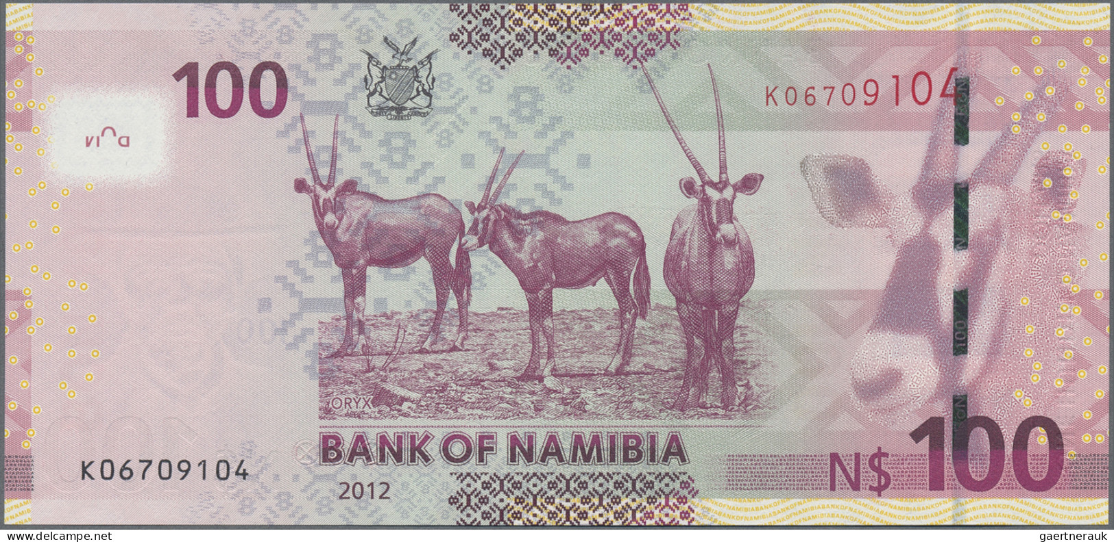 Namibia: Bank of Namibia, lot with 5 banknotes, 2012 series, with 10, 20, 50, 10