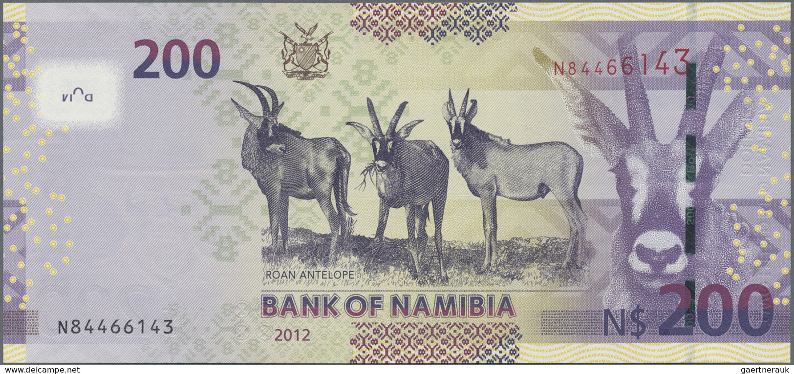 Namibia: Bank of Namibia, lot with 5 banknotes, 2012 series, with 10, 20, 50, 10