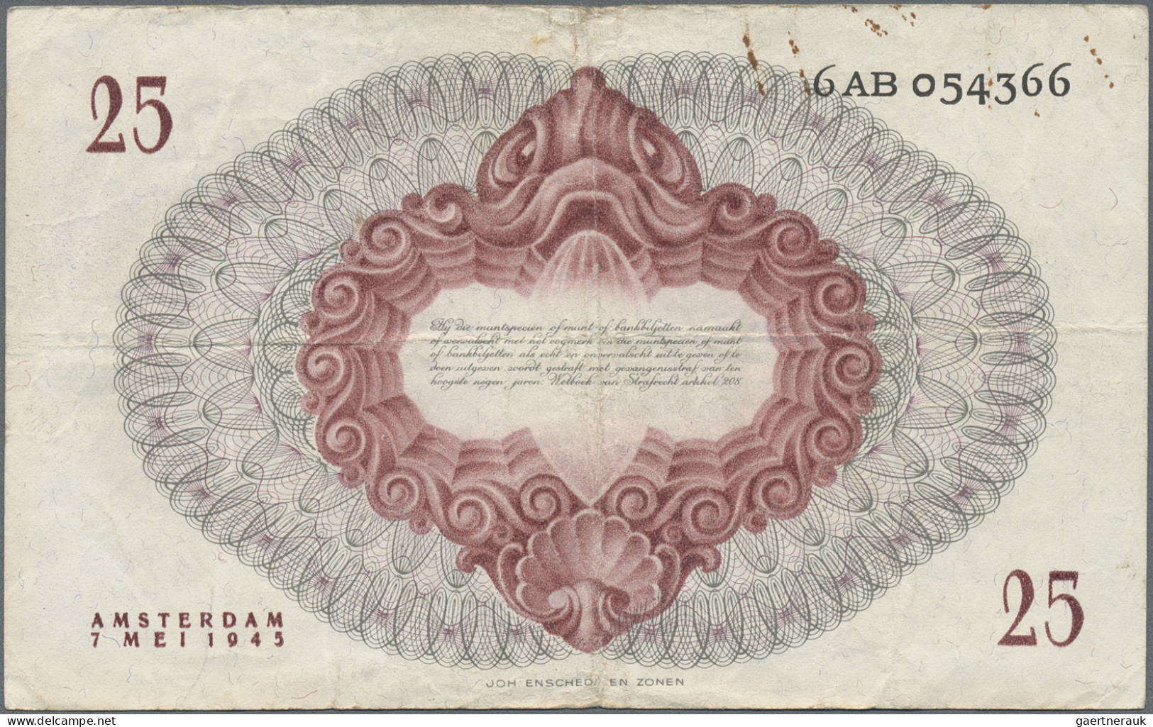 Netherlands: De Nederlandsche Bank, 25 Gulden 1945, P.77, Rusty Spots From A Pap - Sonstige & Ohne Zuordnung