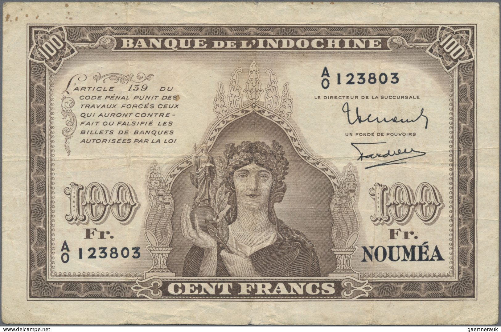 New Caledonia: Banque De L'Indochine – NOUMEA, 100 Francs ND(1942), P.44, Minor - Nouméa (New Caledonia 1873-1985)