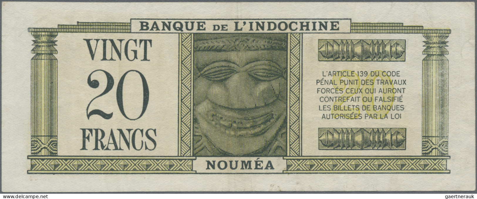 New Caledonia: Banque De L'Indochine – NOUMEA, 20 Francs ND(1944), P.49, Very Ni - Numea (Nueva Caledonia 1873-1985)