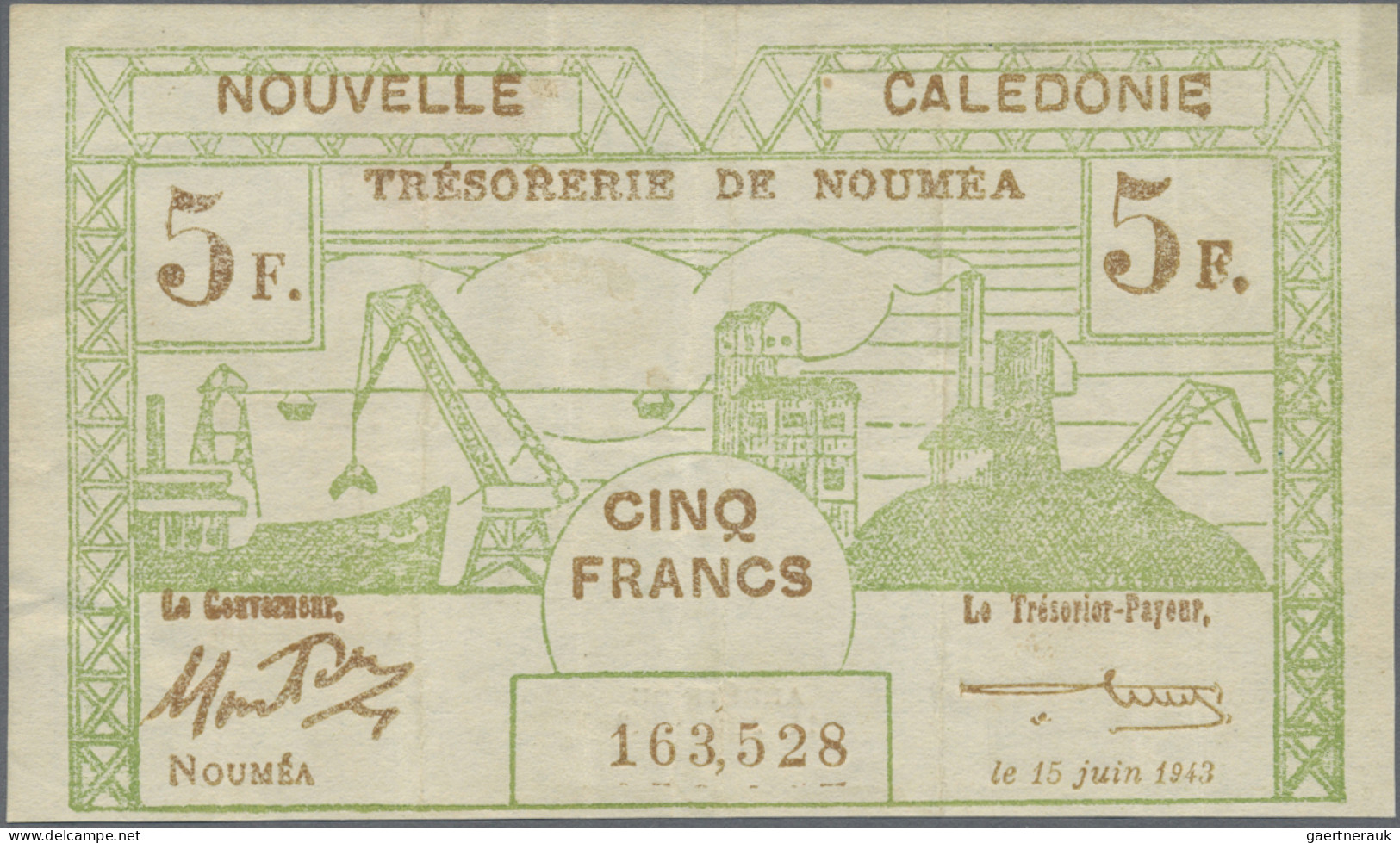 New Caledonia: Trésorerie de Nouméa, lot with 6 banknotes WW II Emergency Issues