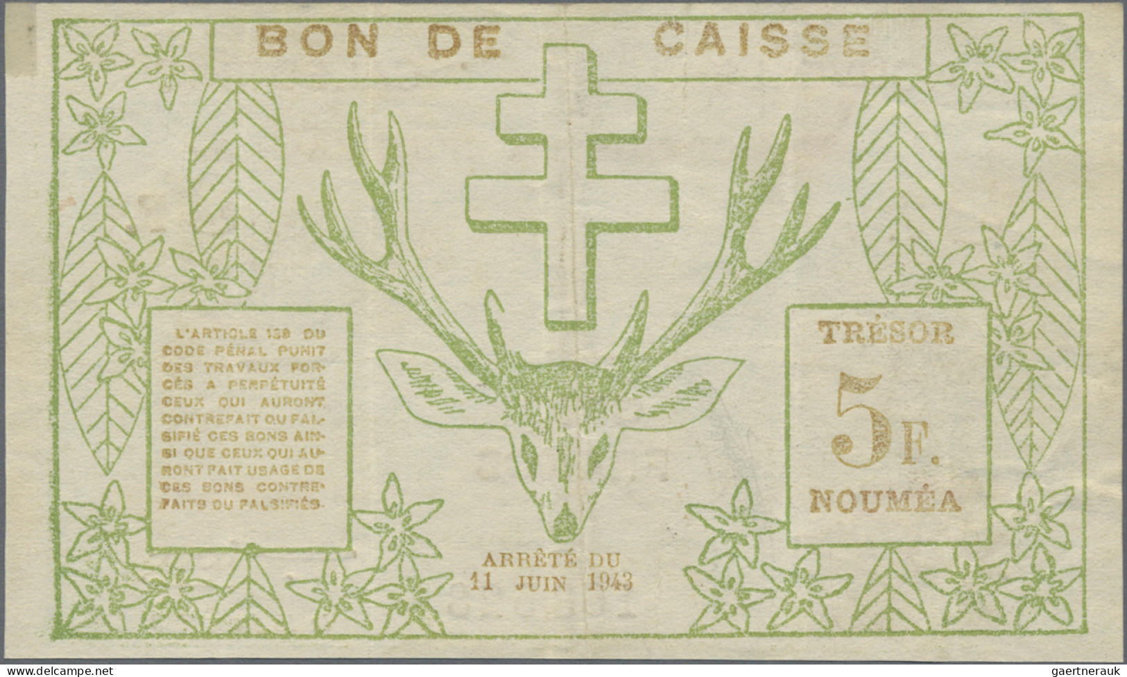 New Caledonia: Trésorerie de Nouméa, lot with 6 banknotes WW II Emergency Issues