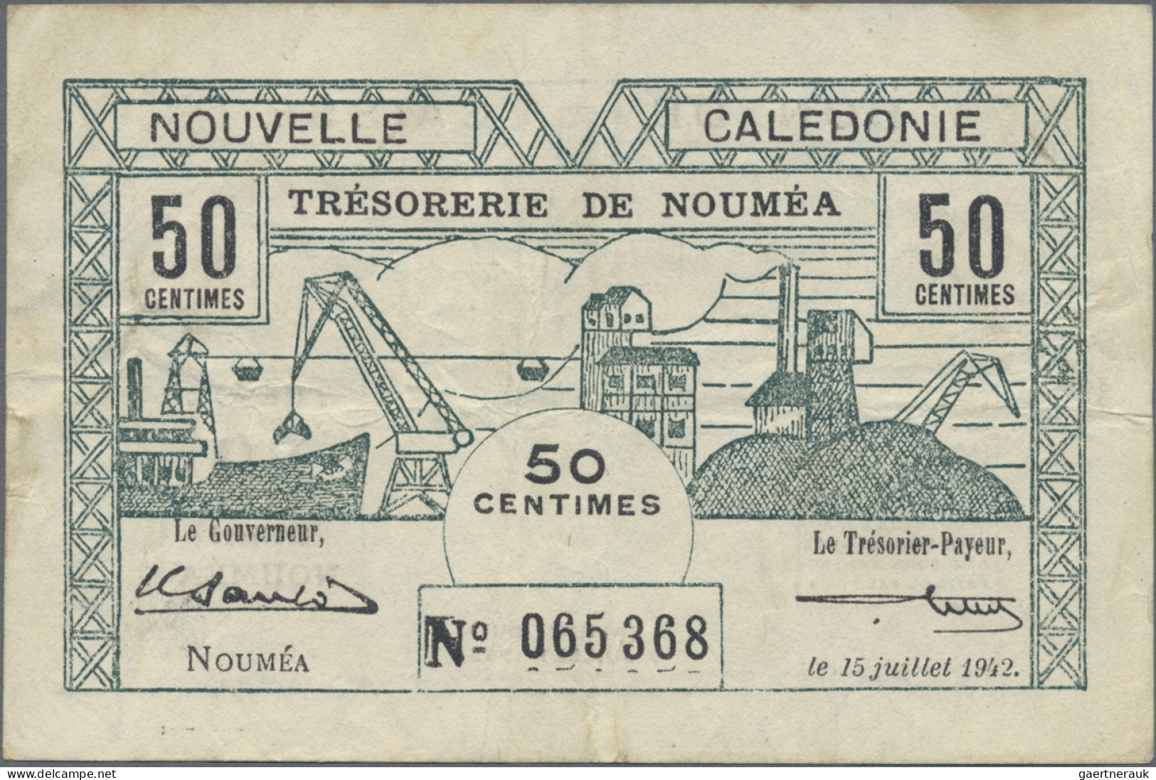 New Caledonia: Trésorerie de Nouméa, lot with 6 banknotes WW II Emergency Issues