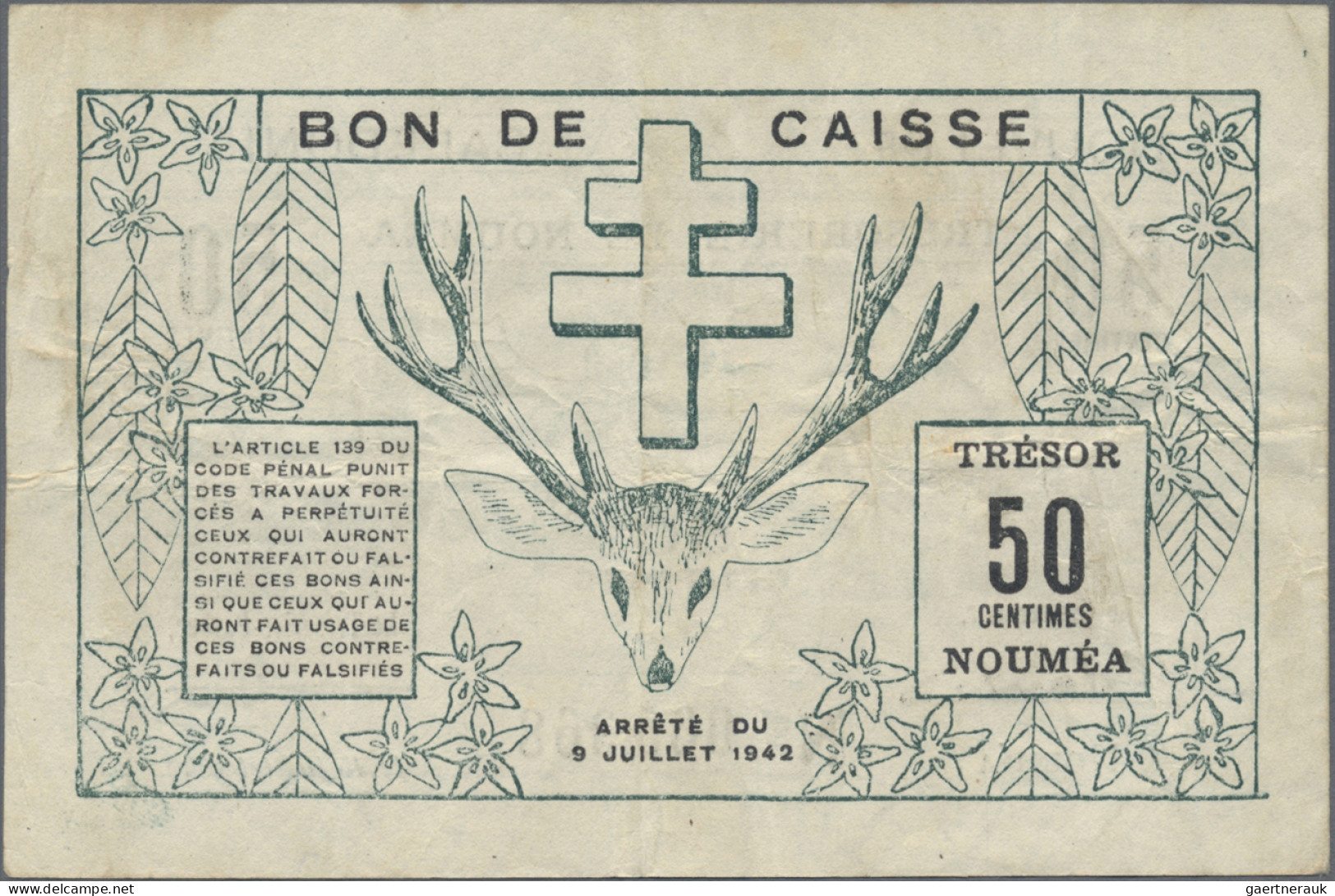 New Caledonia: Trésorerie de Nouméa, lot with 6 banknotes WW II Emergency Issues