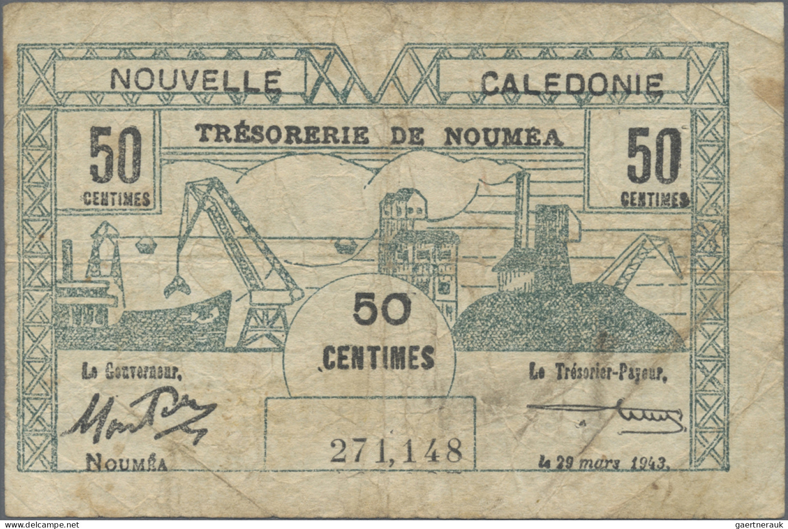 New Caledonia: Trésorerie de Nouméa, lot with 6 banknotes WW II Emergency Issues