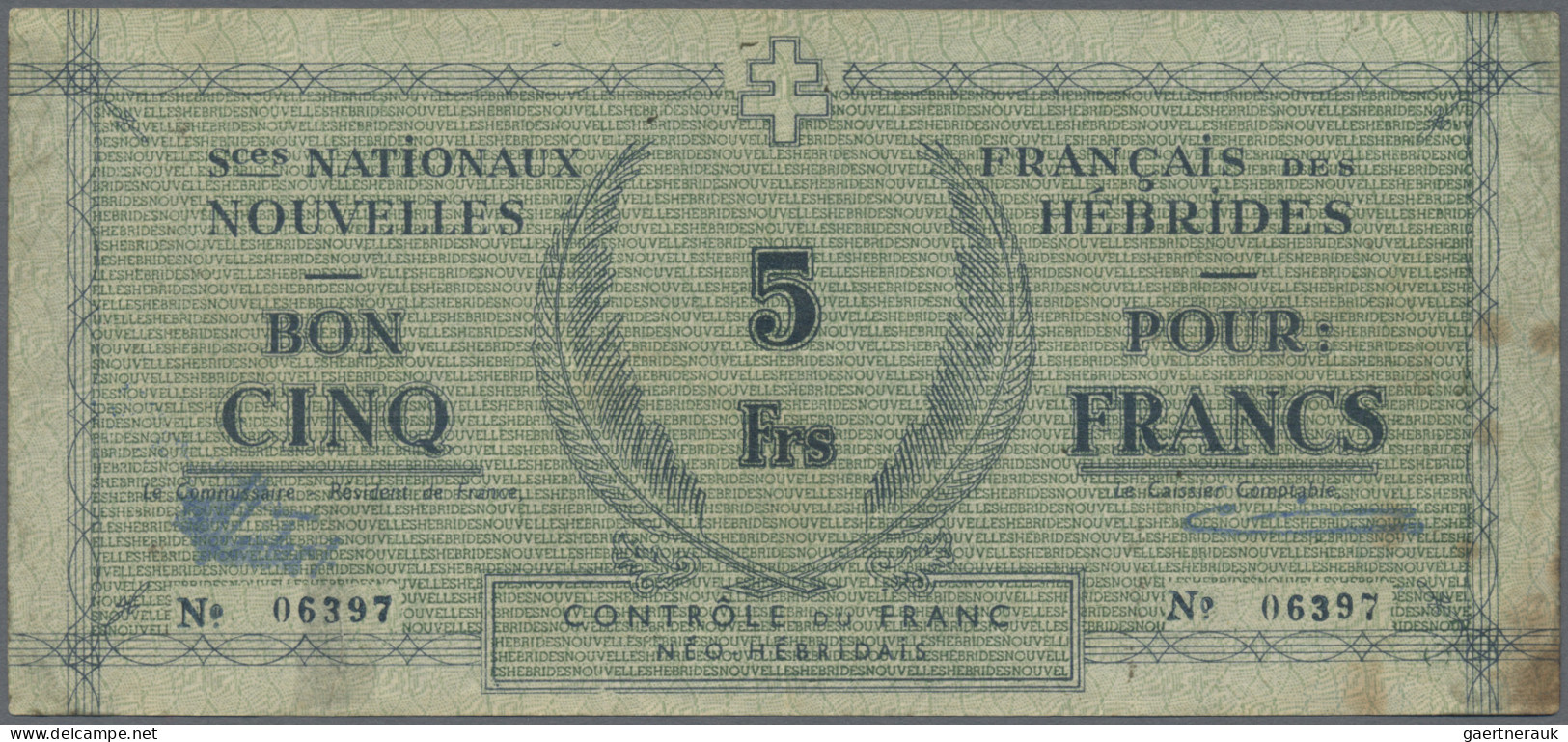 New Hebrides: Services Nationaux Français Des Nouvelles Hébrides, 5 Francs ND(19 - Nieuwe-Hebriden