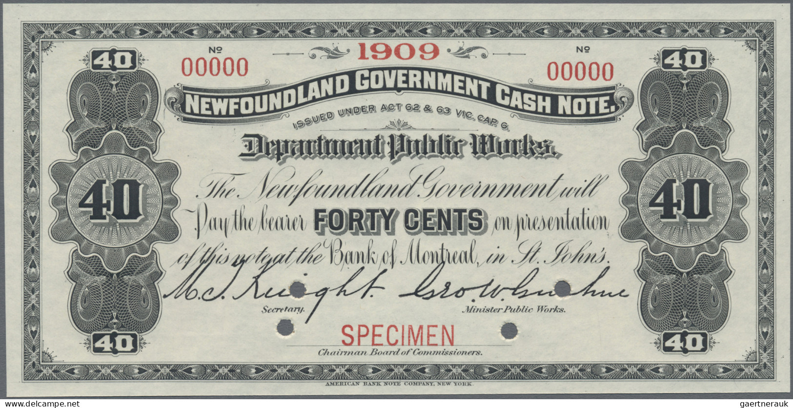 Newfoundland: Newfoundland Government Cash Note, 40 Cents 1909 SPECIMEN, P.A4s I - Kanada