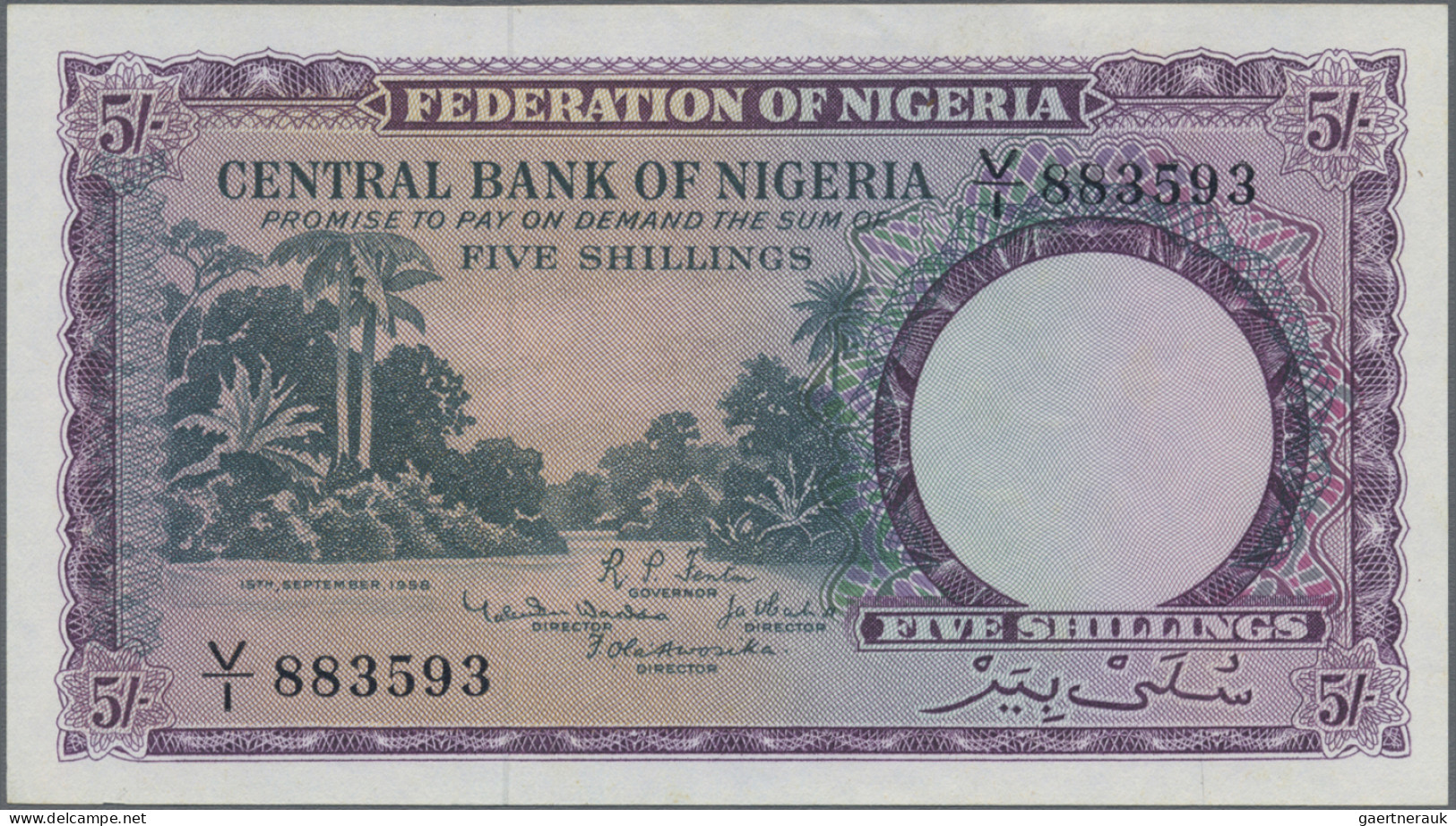 Nigeria: Central Bank Of Nigeria, 5 Shillings 1958, P.2, Almost Perfect With A V - Nigeria