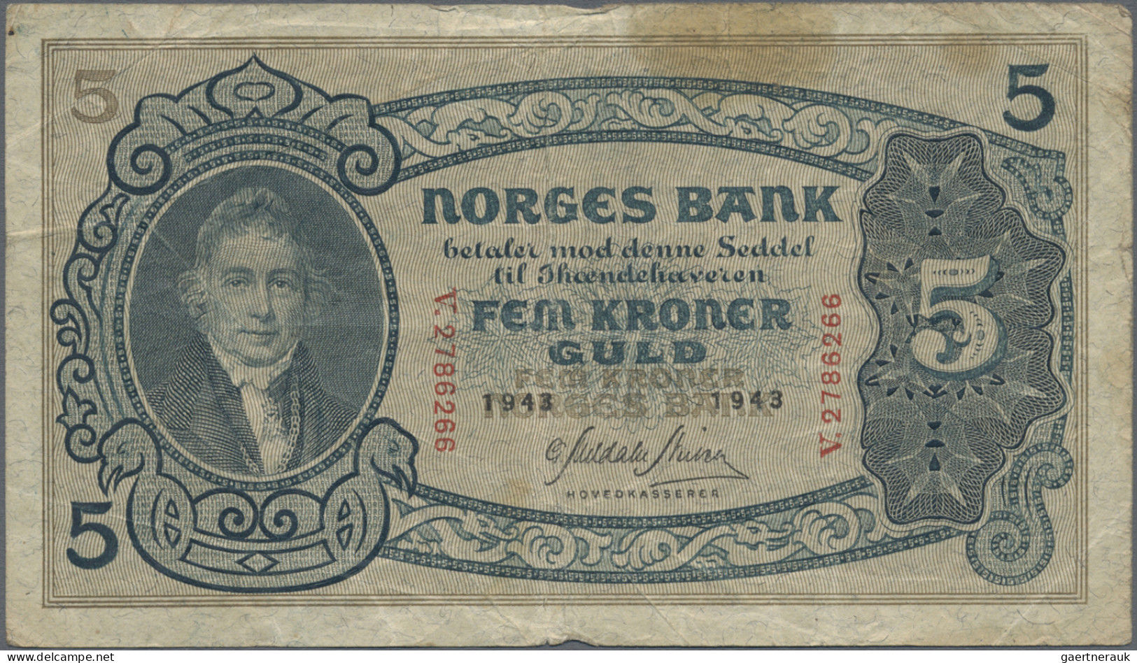 Norway: Norges Bank, Lot With 4 Banknotes, 1940-1944 Series, With 5 Kroner 1943 - Noorwegen