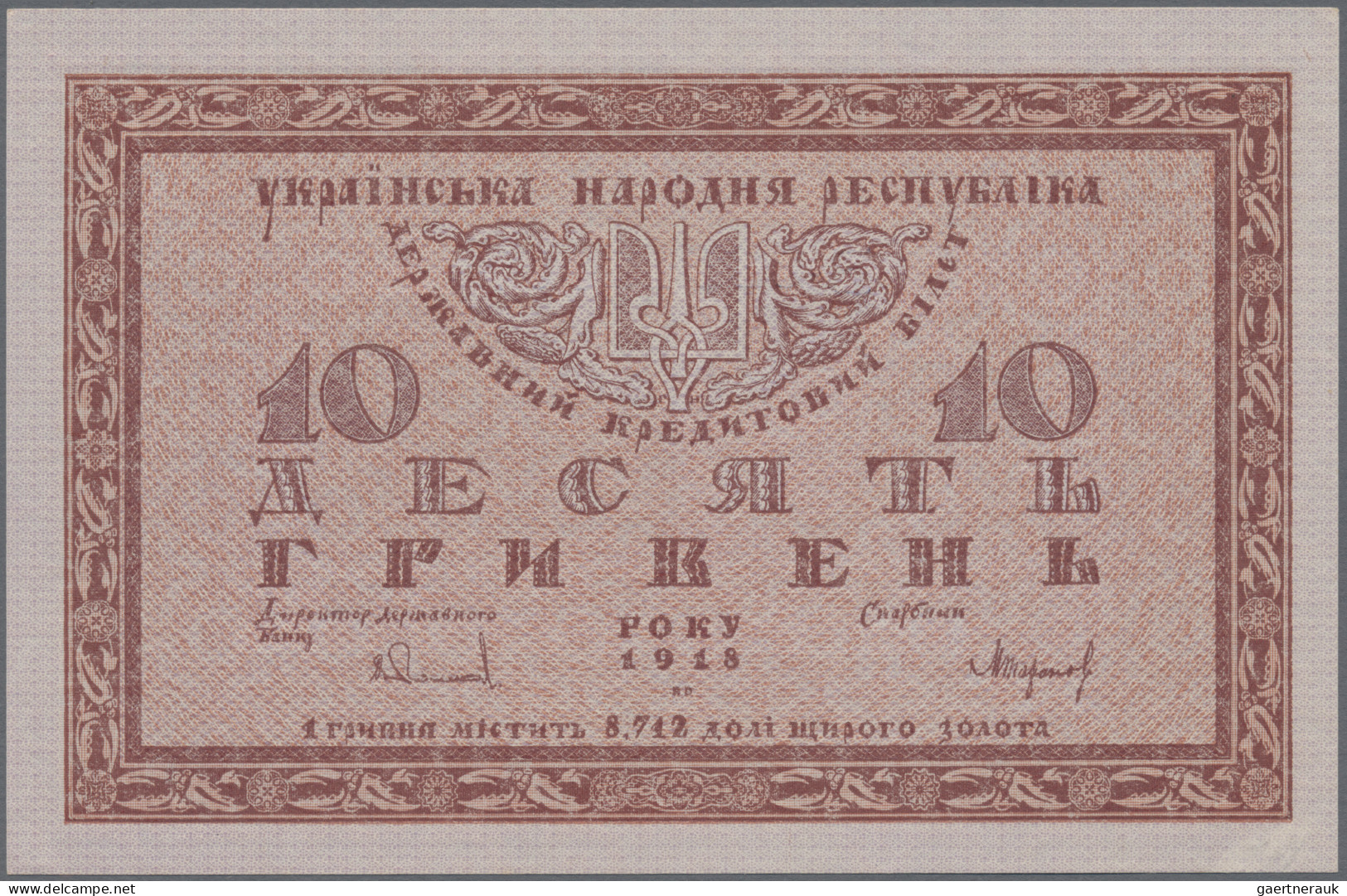 Ukraina: Pair With 10 Hriven 1918, Prefix Б (P.21b, AUNC) And 10 Karbovantsiv ND - Ucrania