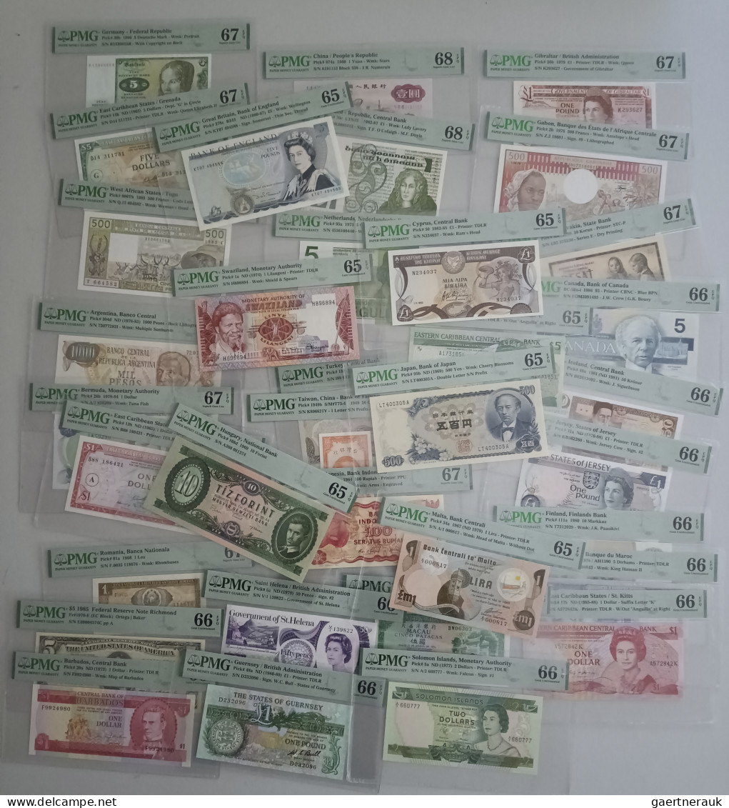 Worldwide: Huge collection of 35 graded world banknotes, comprising for example