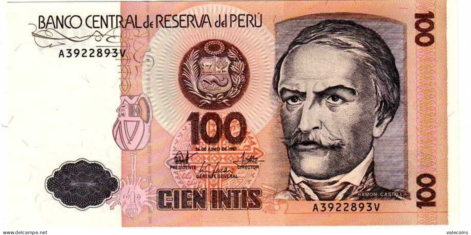 PERU' - 26/06/1987 - 100 Intis -  Pick 133 - NEW FDS UNC            MyRef:DD - Pérou