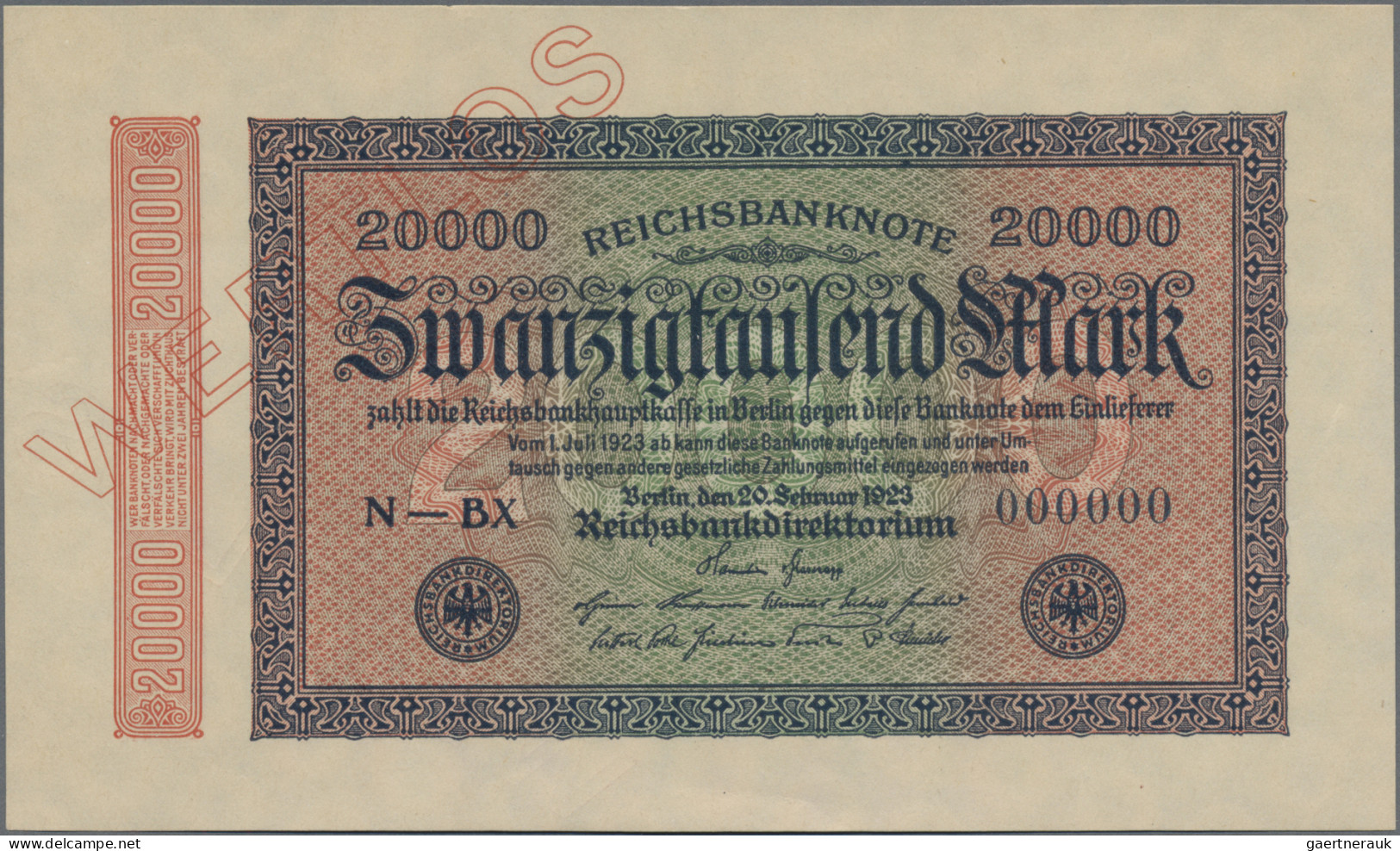 Deutschland - Deutsches Reich Bis 1945: Reichsbanknote 20.000 Mark 1923 MUSTER, - Otros & Sin Clasificación
