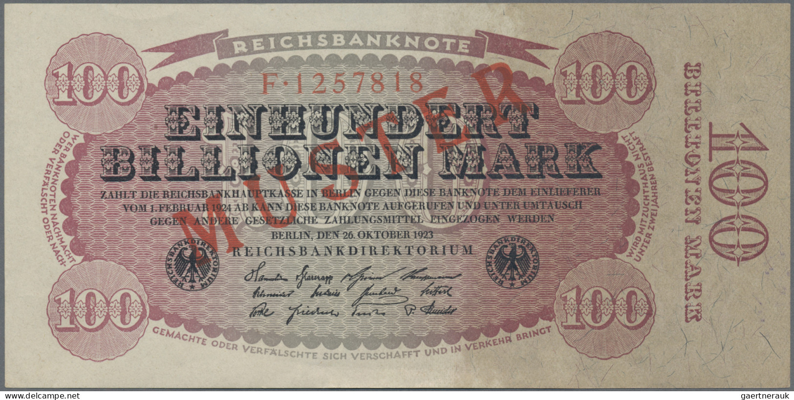 Deutschland - Deutsches Reich Bis 1945: Reichsbanknote 100 Billionen Mark 1923 M - Autres & Non Classés