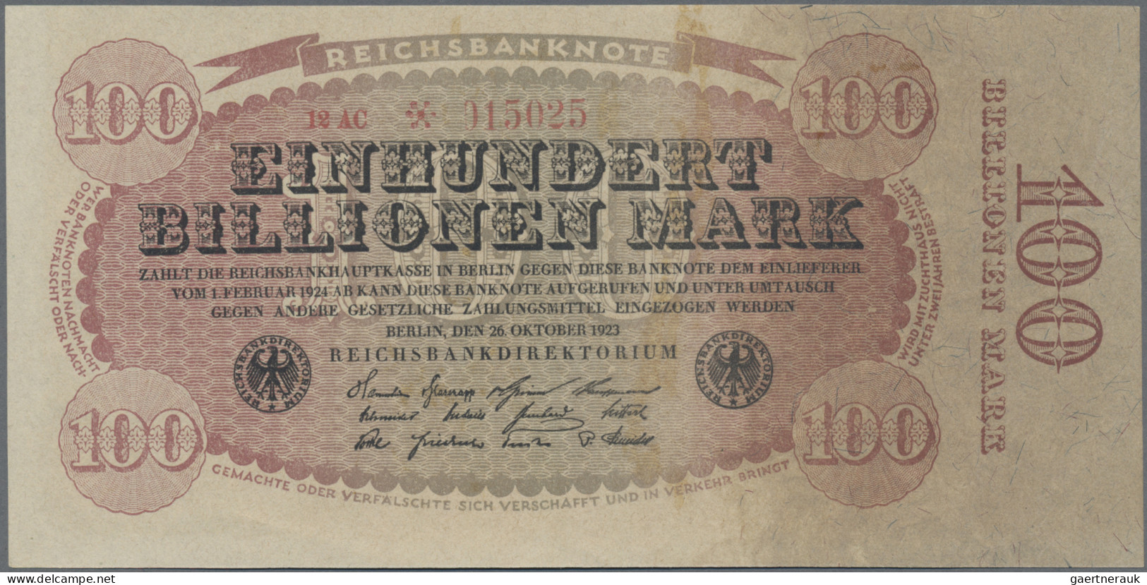 Deutschland - Deutsches Reich Bis 1945: Reichsbanknote 100 Billionen Mark 1923, - Autres & Non Classés