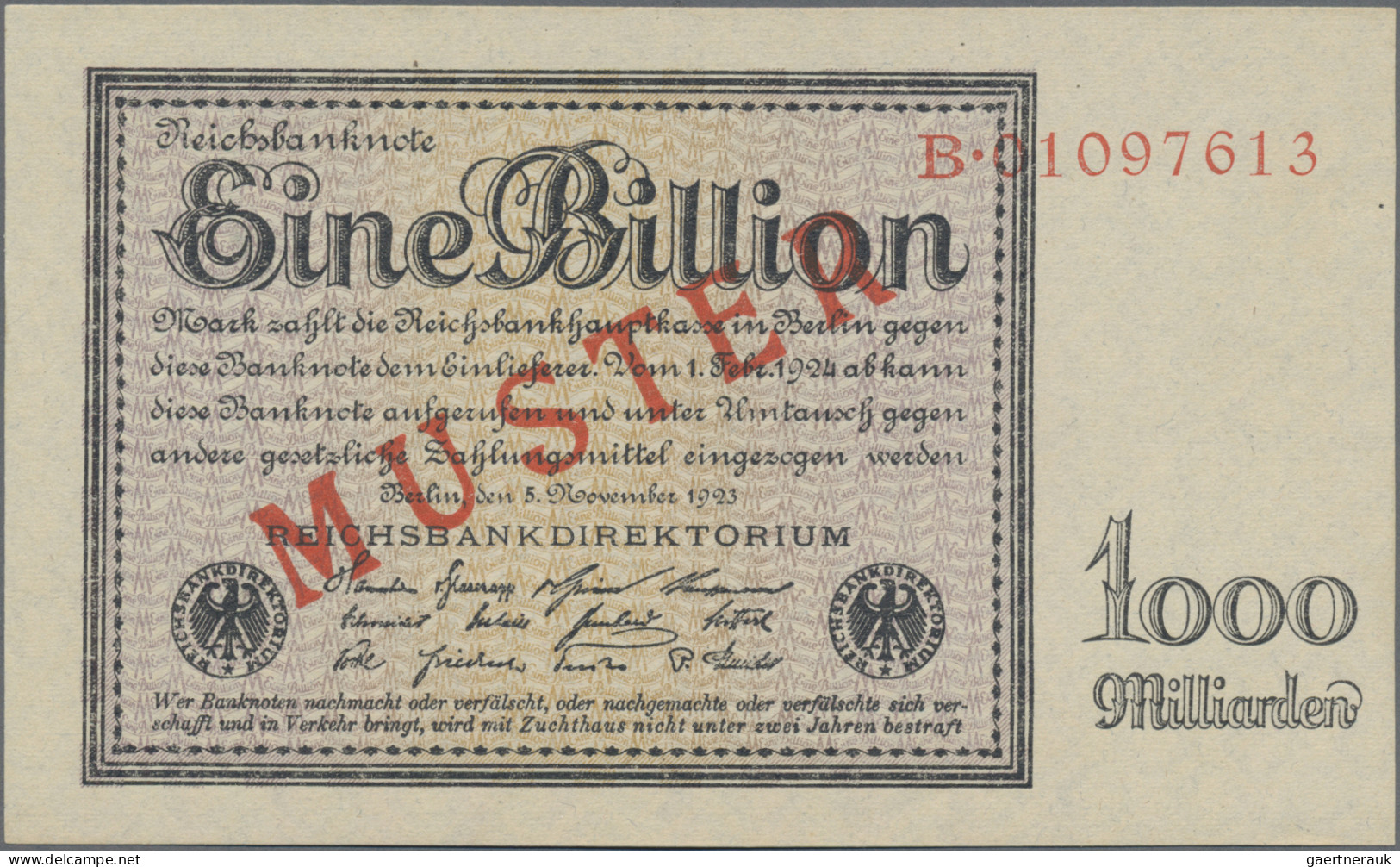 Deutschland - Deutsches Reich Bis 1945: Reichsbanknote 1 Billion Mark 1923 MUSTE - Andere & Zonder Classificatie