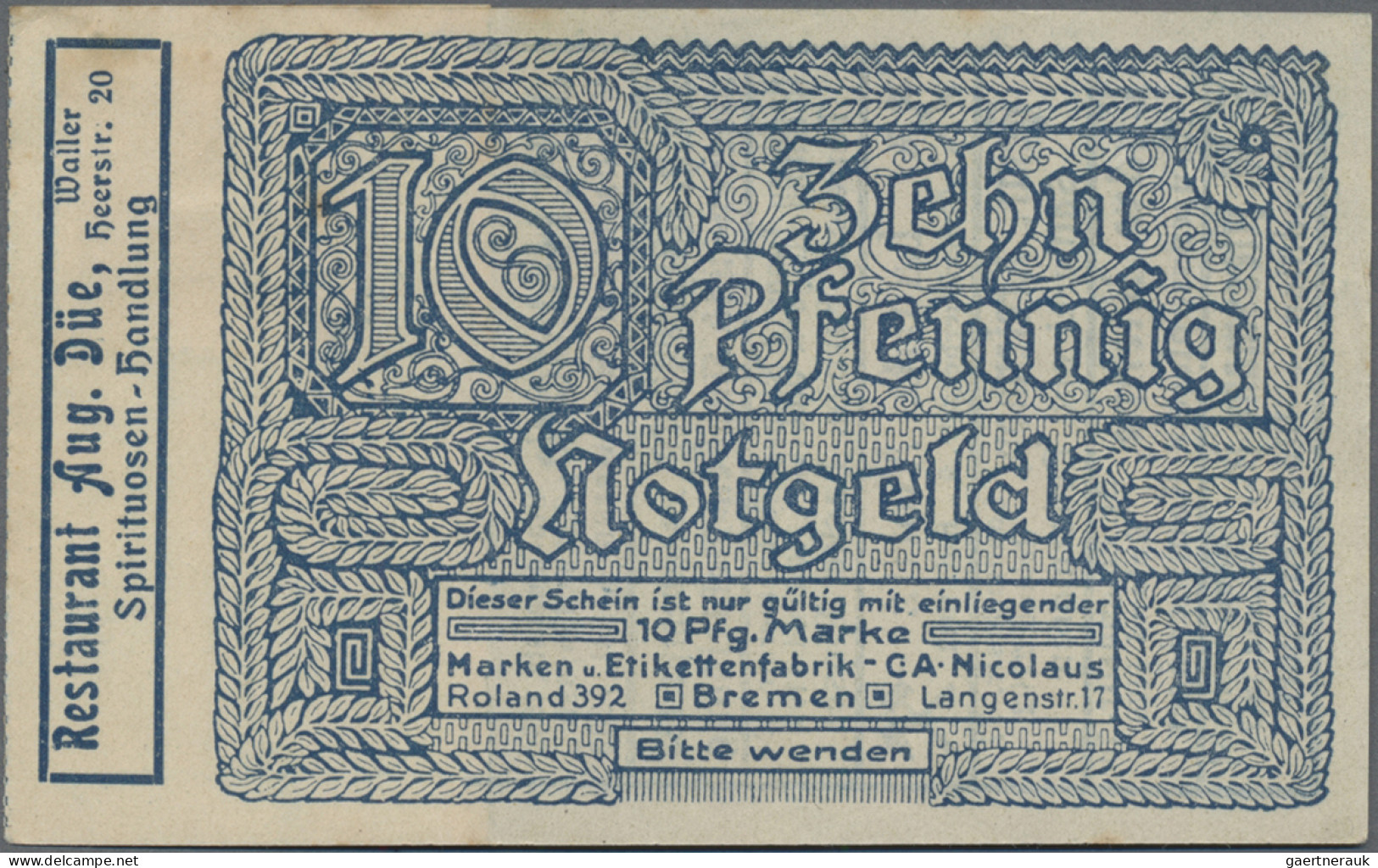 Deutschland - Briefmarkennotgeld: Bremen, Aug. Düe, Restaurant, Briefmarkengeld - Andere & Zonder Classificatie