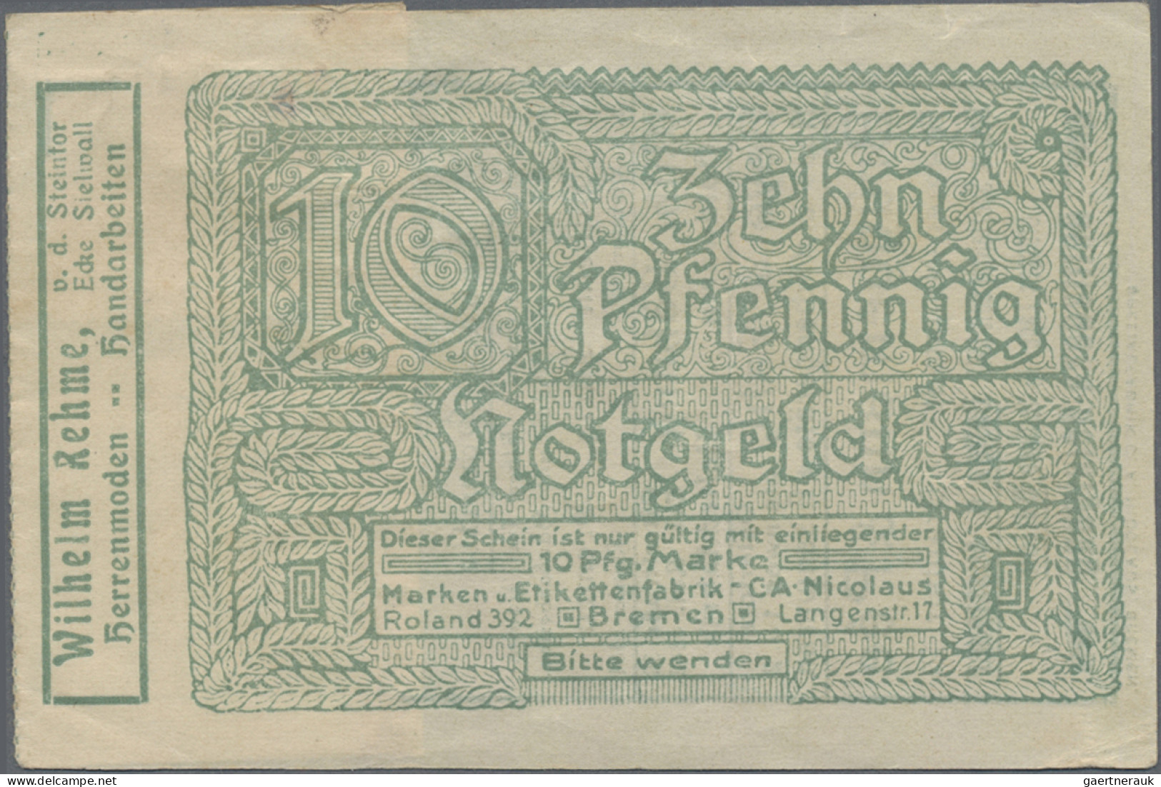 Deutschland - Briefmarkennotgeld: Bremen, Wilhelm Rehme, Herrenmoden, Briefmarke - Autres & Non Classés