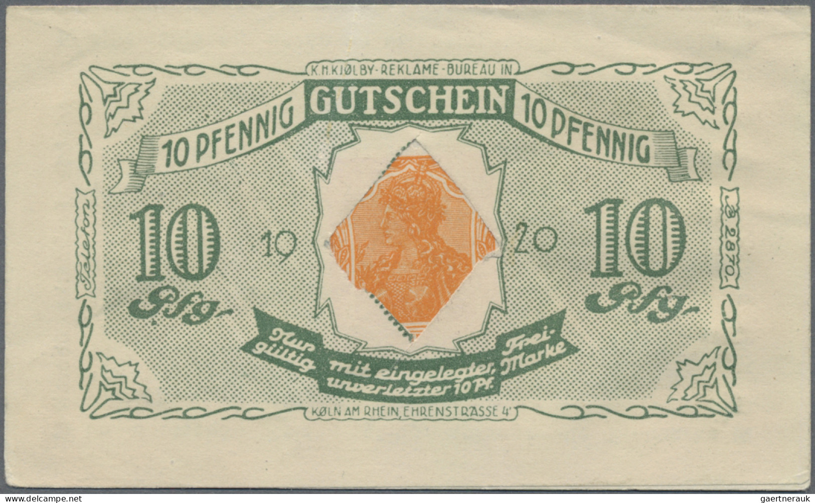 Deutschland - Briefmarkennotgeld: Köln, K. H. Kjölby, Reklame Bureau, 10 Pf., 19 - Andere & Zonder Classificatie