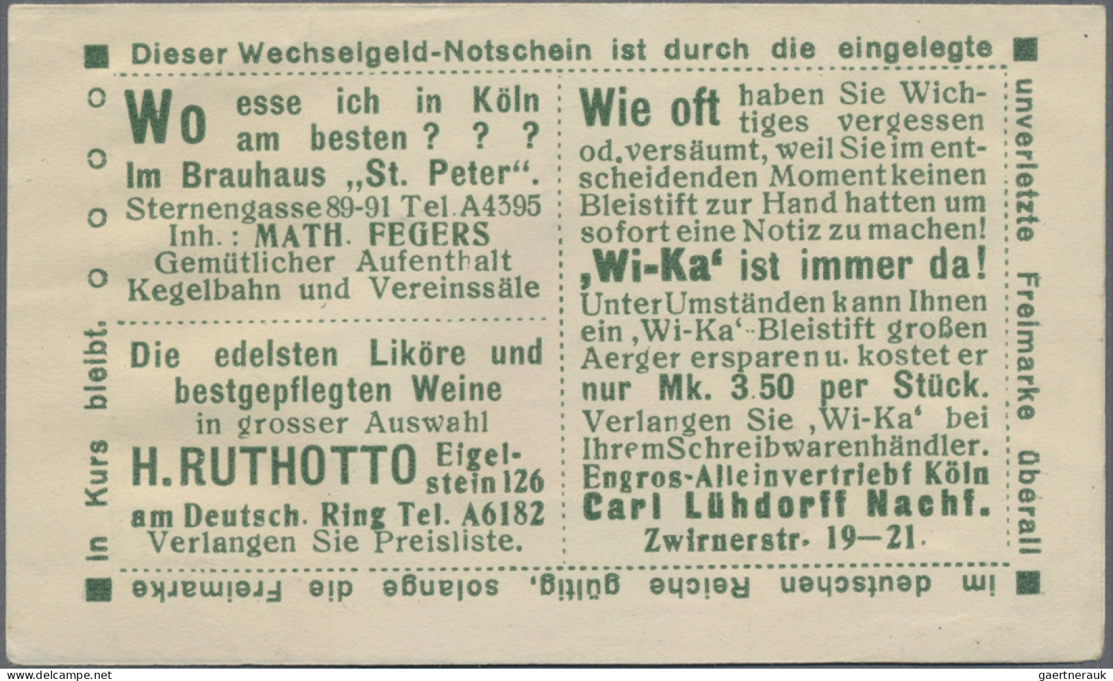 Deutschland - Briefmarkennotgeld: Köln, K. H. Kjölby, Reklame Bureau, 10 Pf., 19 - Autres & Non Classés