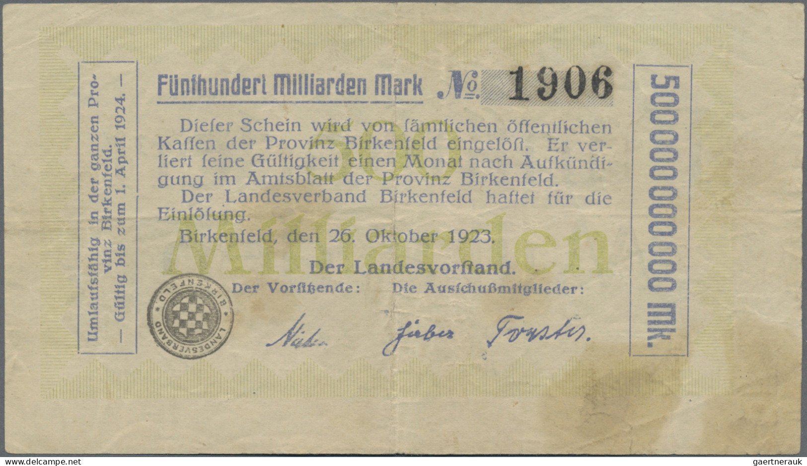 Deutschland - Länderscheine: Birkenfeld, Landesvorstand, 2 X 500 Mrd. Mark, 26.1 - Other & Unclassified