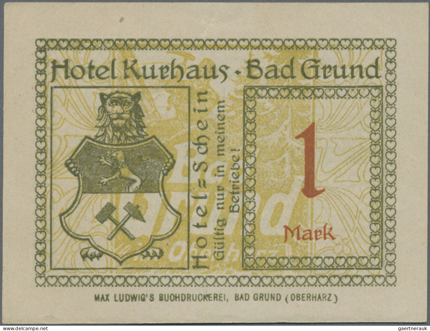 Deutschland - Notgeld - Niedersachsen: Bad Grund, Hotel Kurhaus, 1 Mark, O. D., - Lokale Ausgaben