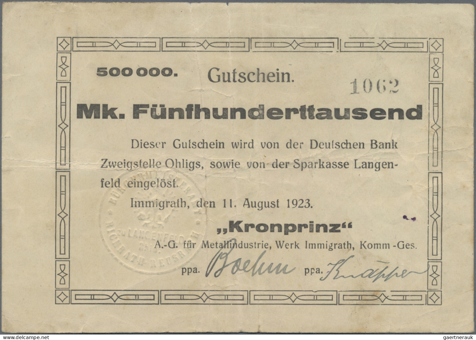 Deutschland - Notgeld - Rheinland: Immigrath, "Kronprinz" A.-G., 500 Tsd. Mark, - Lokale Ausgaben