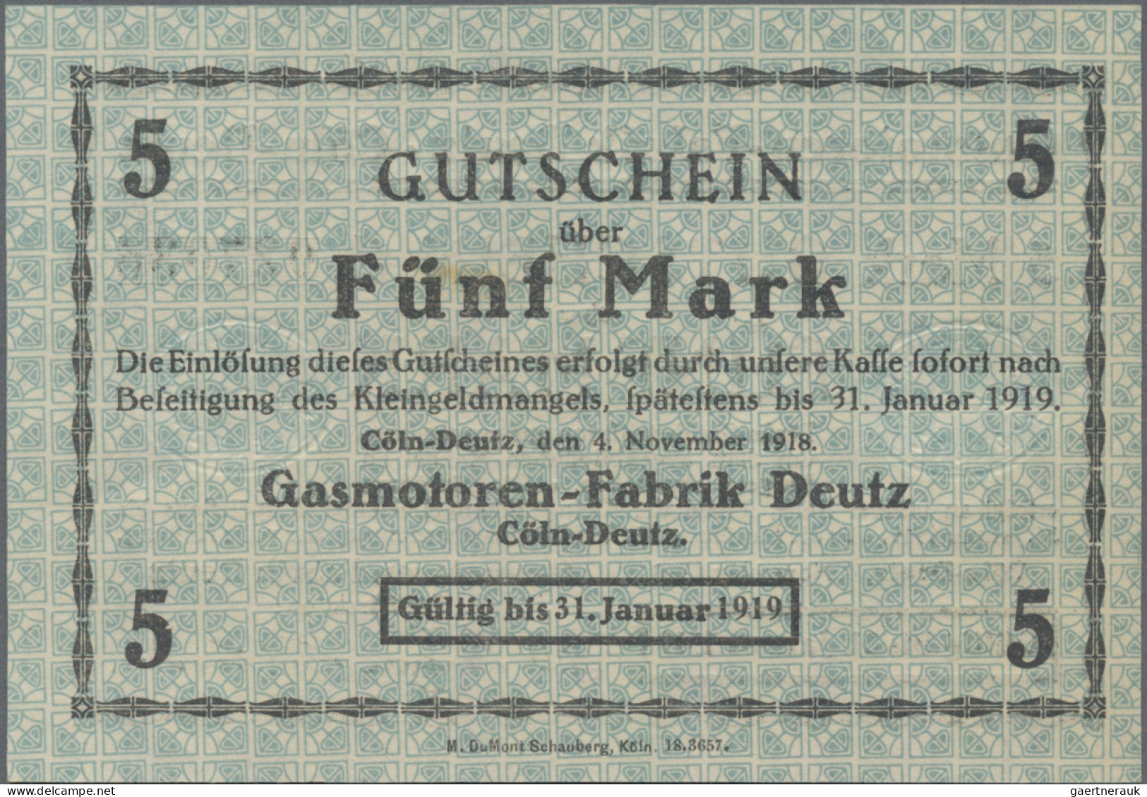 Deutschland - Notgeld - Rheinland: Köln-Deutz, Gasmotoren-Fabrik Deutz, 5, 20, 5 - [11] Lokale Uitgaven