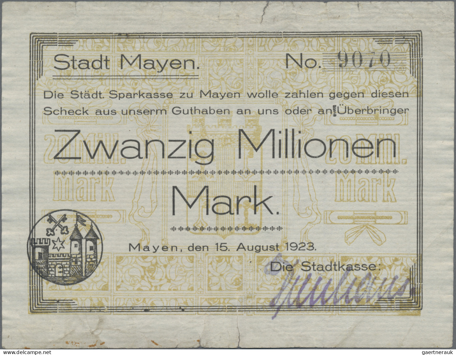 Deutschland - Notgeld - Rheinland: Mayen, Stadtkasse, 20, 50, 100 Mio. Mark, 15.