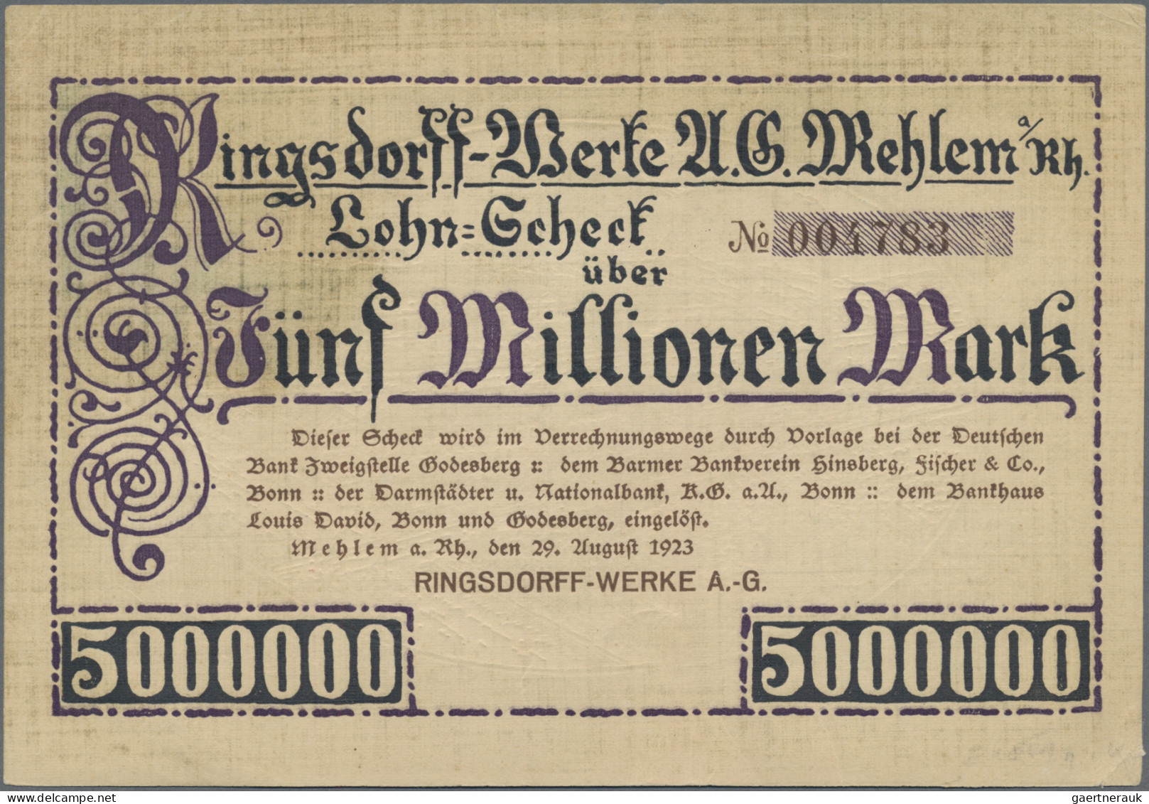 Deutschland - Notgeld - Rheinland: Mehlem, Ringsdorff-Werke A.-G., 200 Tsd., 5 M - Lokale Ausgaben
