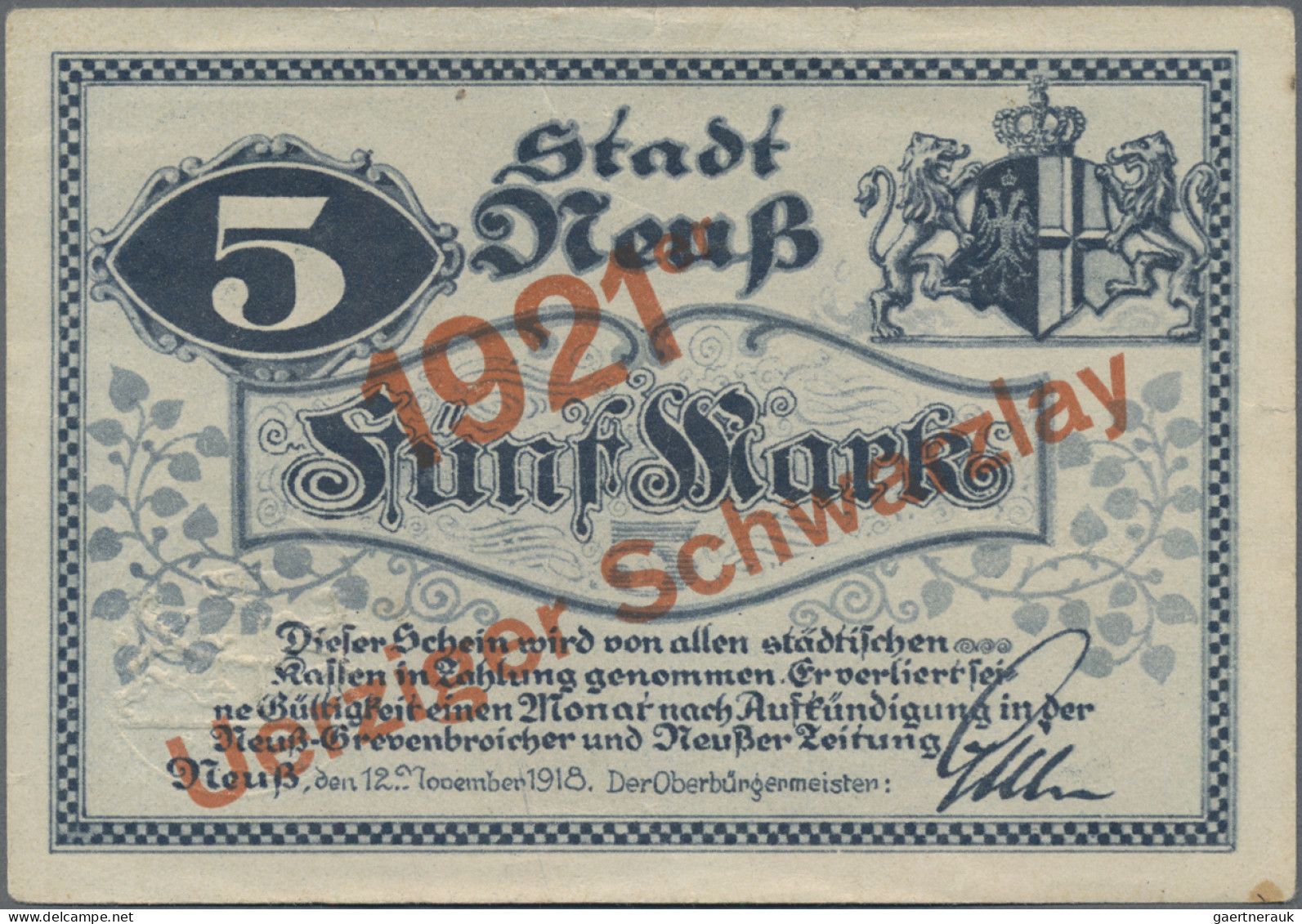 Deutschland - Notgeld - Rheinland: Neuss, Stadt, 5 Mark, 12.11.1918, Mit Überdru - [11] Emisiones Locales