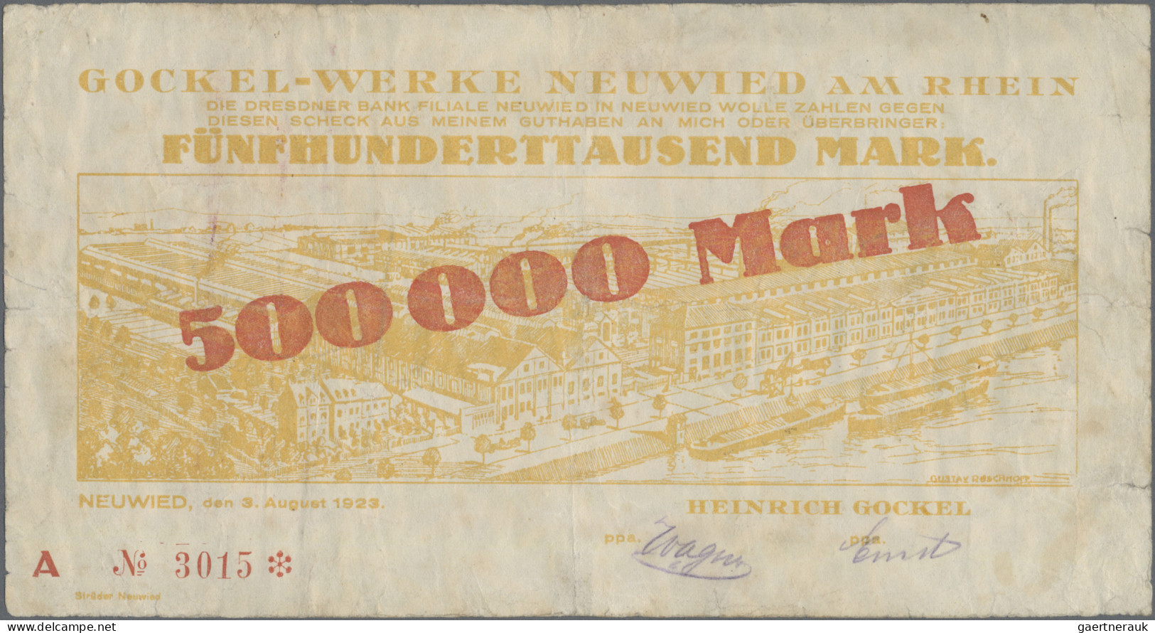 Deutschland - Notgeld - Rheinland: Neuwied, Gockel-Werke, 500 Tsd. Mark, 3.8.192 - [11] Emissions Locales