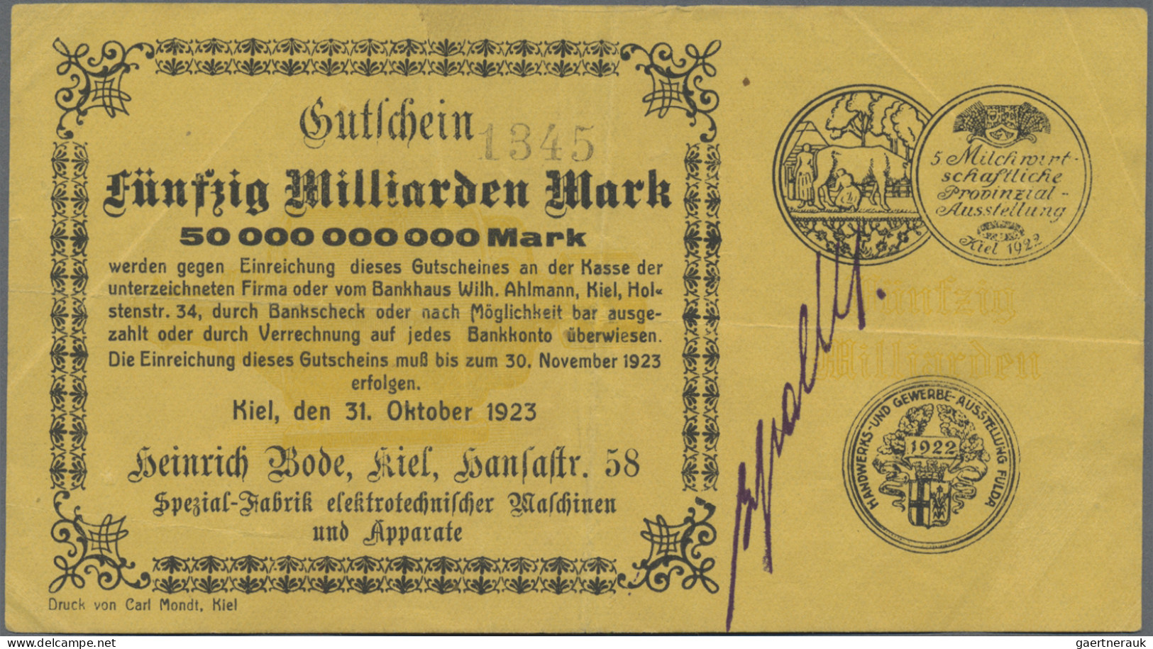 Deutschland - Notgeld - Schleswig-Holstein: Kiel, Heinrich Bode, 50 Mrd. Mark, 3 - [11] Lokale Uitgaven