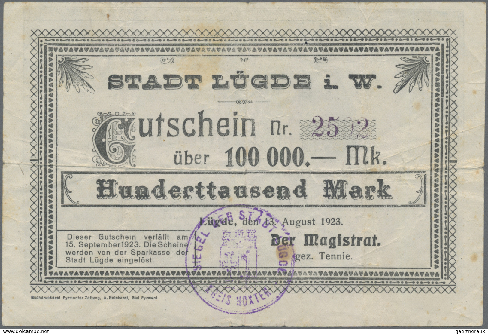 Deutschland - Notgeld - Westfalen: Lügde, Stadt, 100 Tsd. Mark, 13.8.1923, Ohne - Andere & Zonder Classificatie